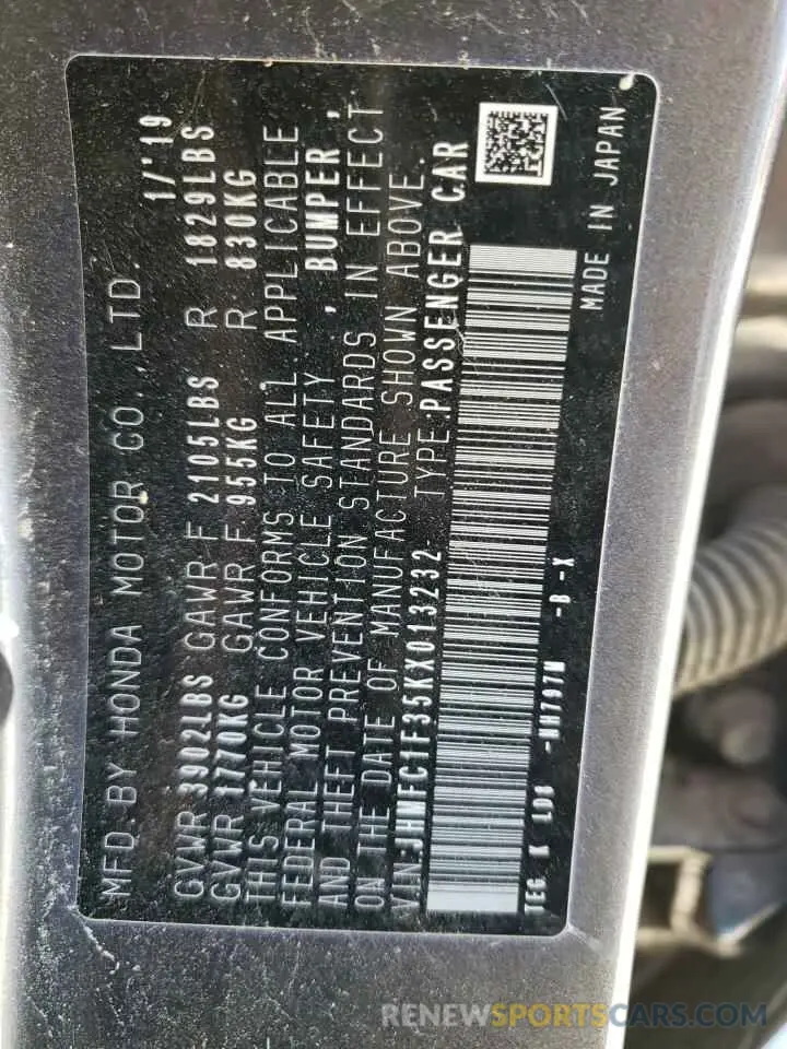 13 Photograph of a damaged car JHMFC1F35KX013232 HONDA CIVIC 2019