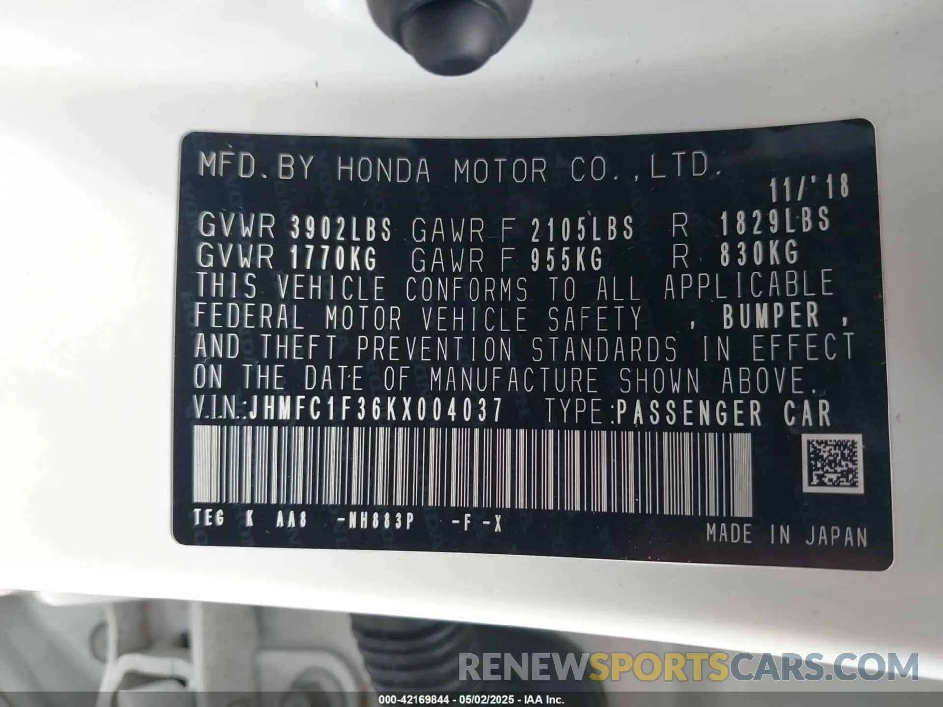 9 Photograph of a damaged car JHMFC1F36KX004037 HONDA CIVIC 2019