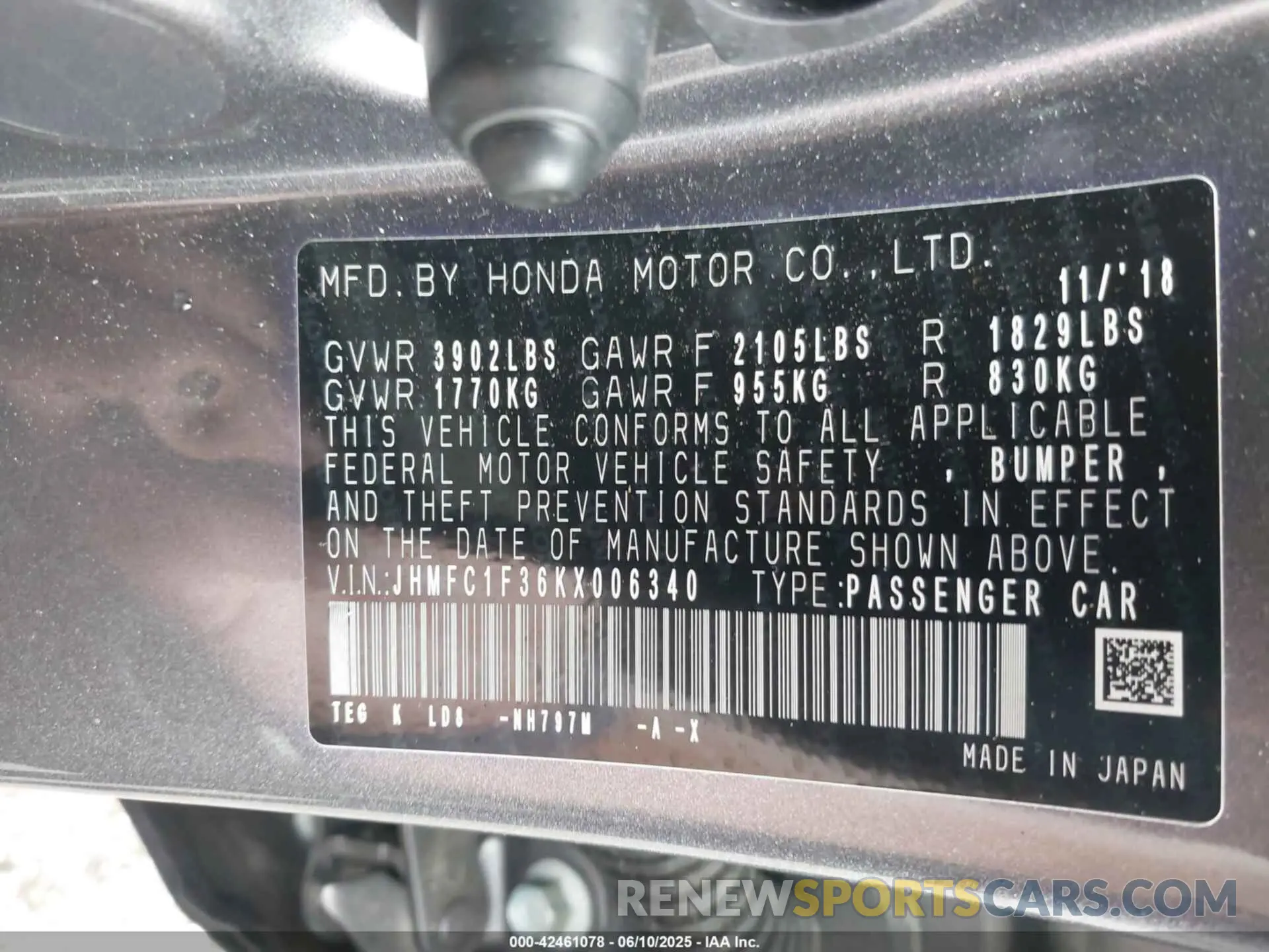 9 Photograph of a damaged car JHMFC1F36KX006340 HONDA CIVIC 2019