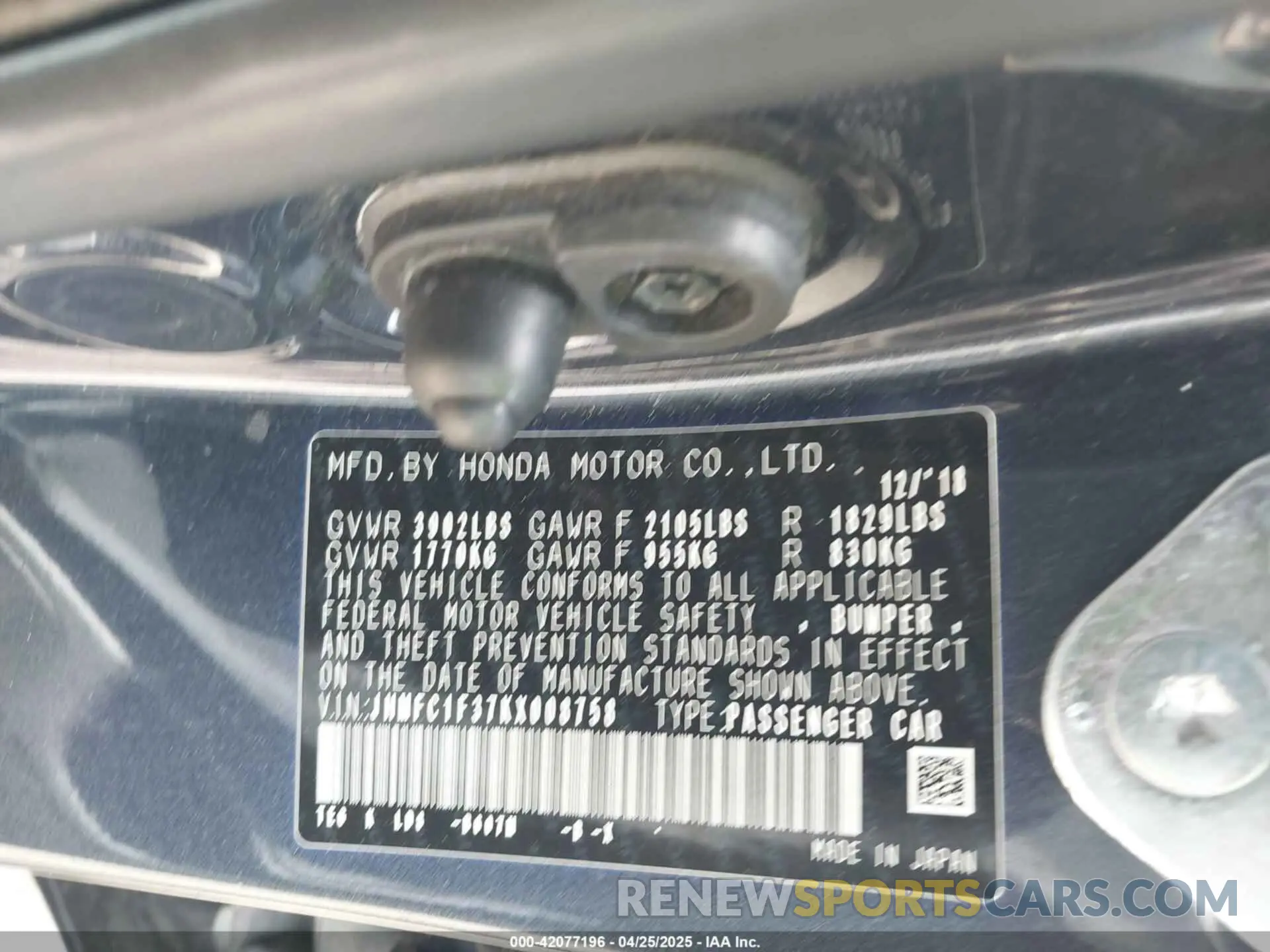 9 Photograph of a damaged car JHMFC1F37KX008758 HONDA CIVIC 2019
