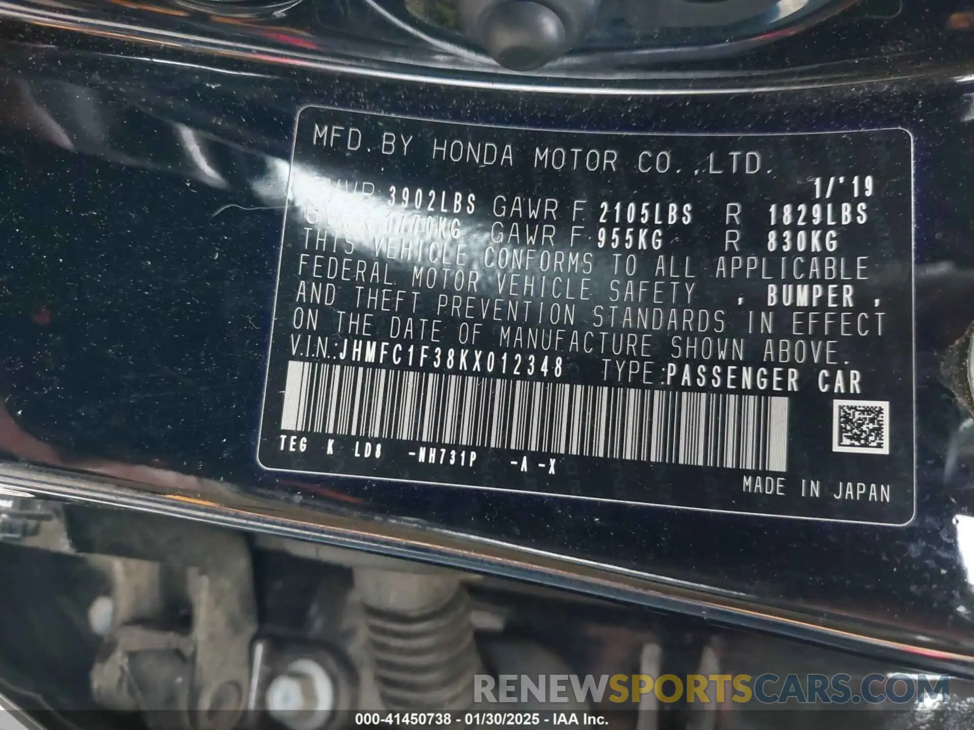 9 Photograph of a damaged car JHMFC1F38KX012348 HONDA CIVIC 2019