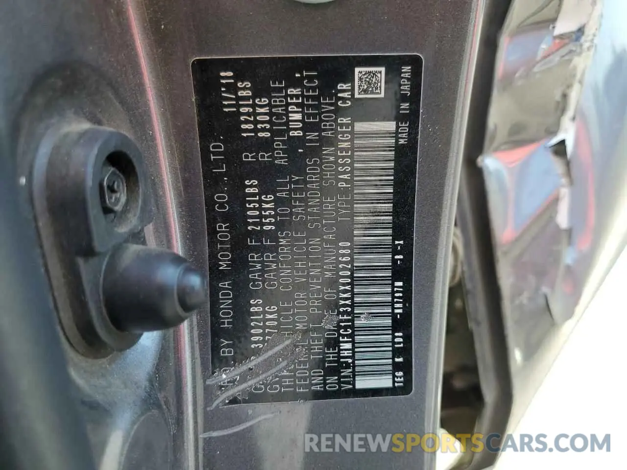 12 Photograph of a damaged car JHMFC1F3XKX002680 HONDA CIVIC 2019