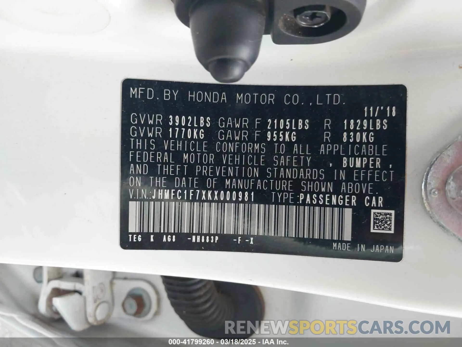 9 Photograph of a damaged car JHMFC1F7XKX000981 HONDA CIVIC 2019