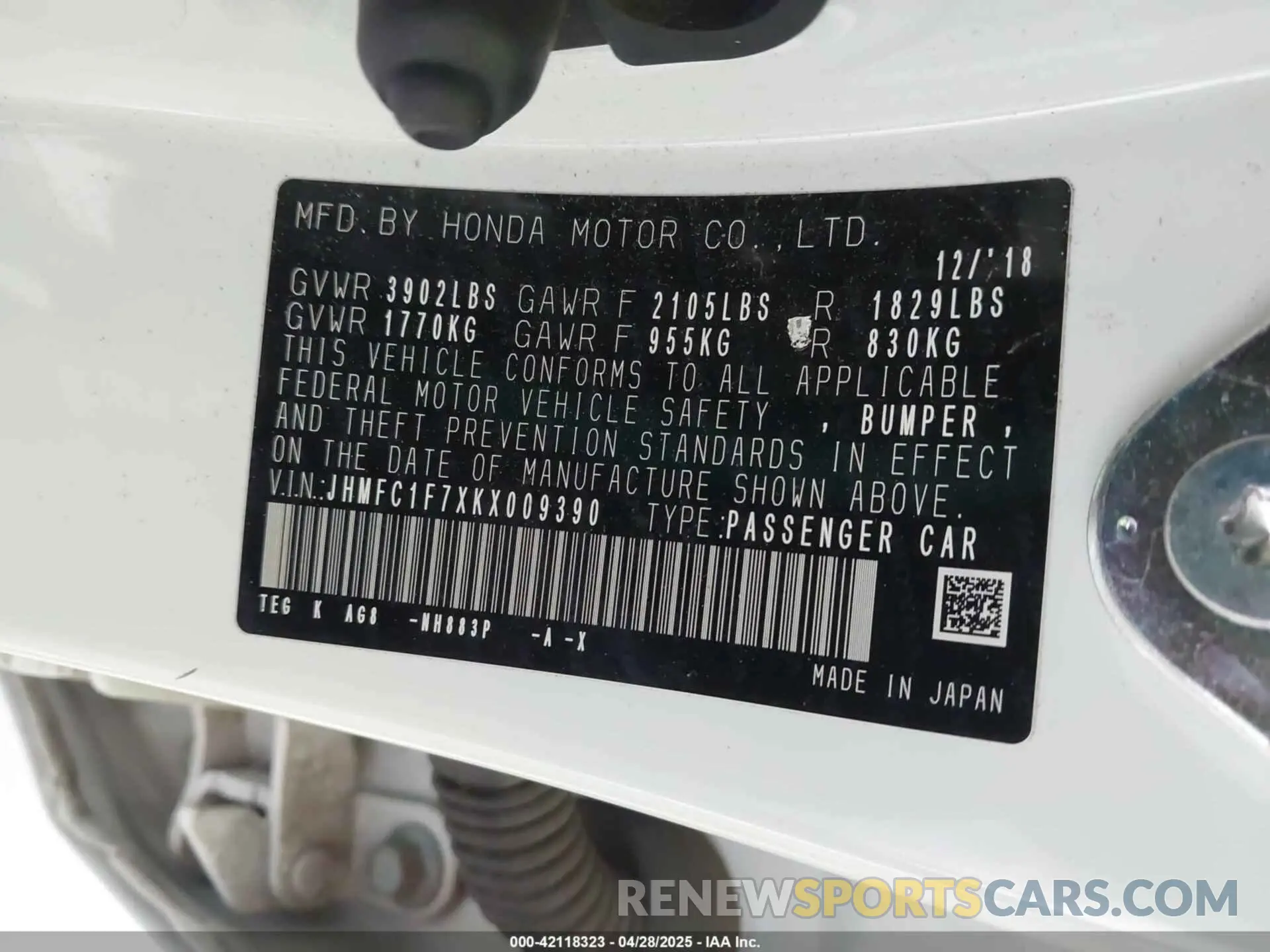 9 Photograph of a damaged car JHMFC1F7XKX009390 HONDA CIVIC 2019