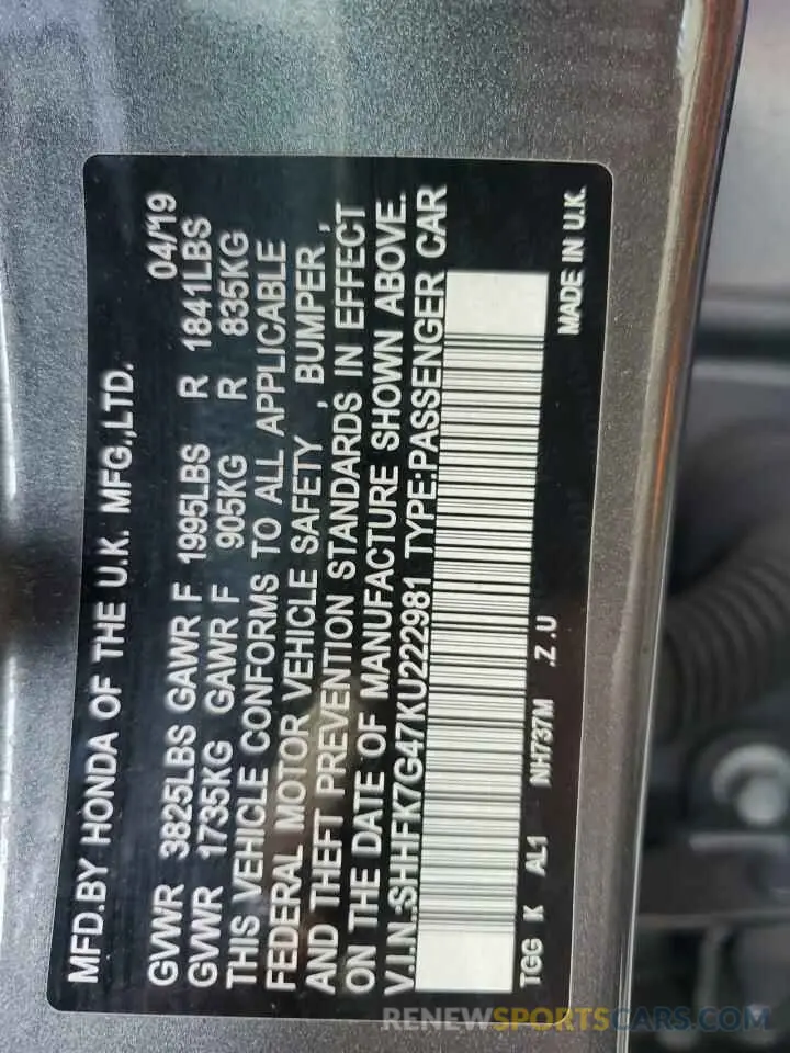 12 Photograph of a damaged car SHHFK7G47KU222981 HONDA CIVIC 2019