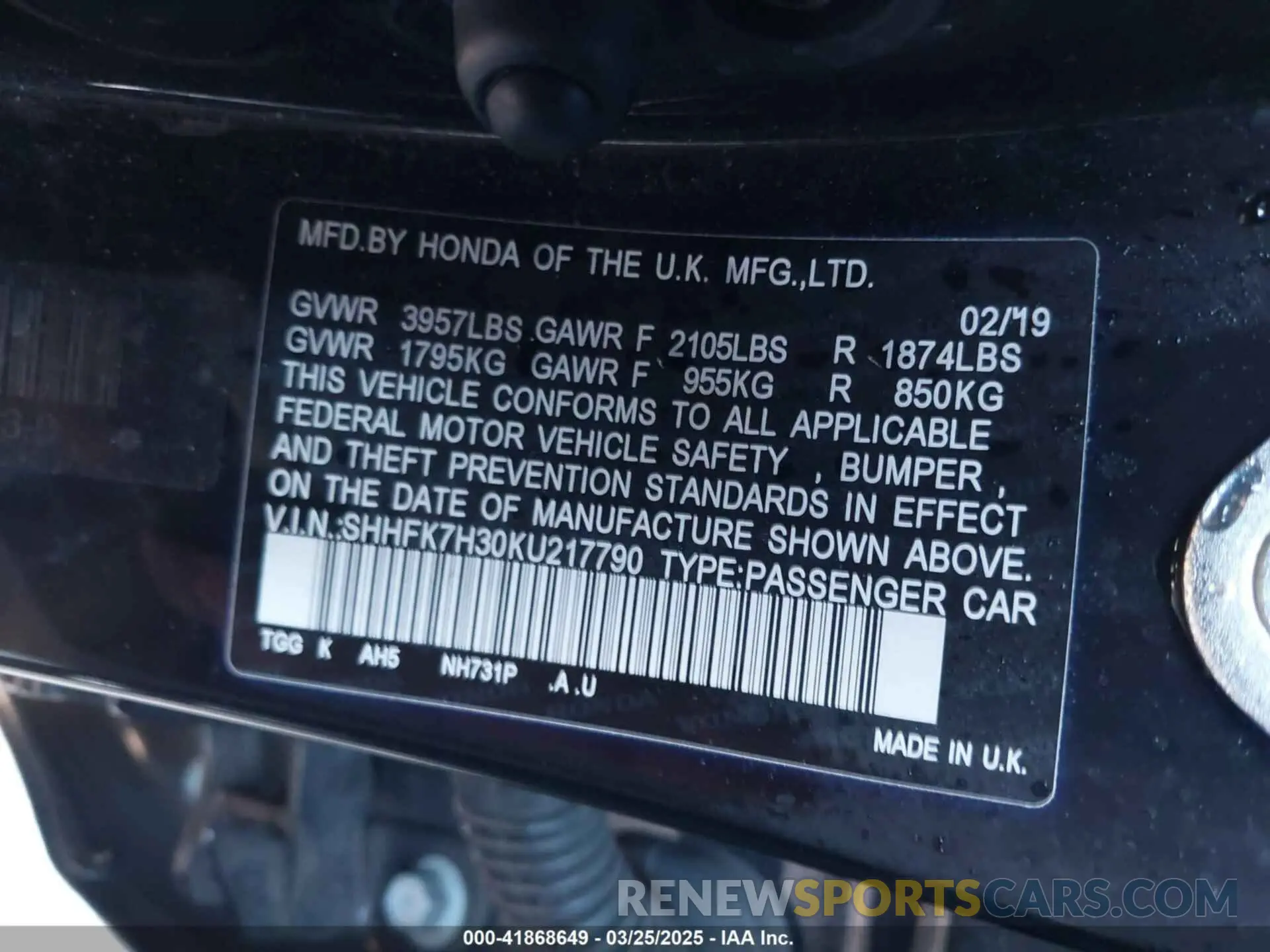 9 Photograph of a damaged car SHHFK7H30KU217790 HONDA CIVIC 2019