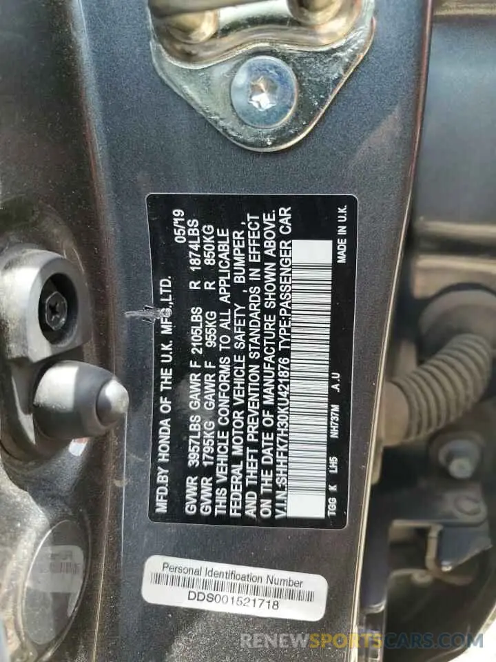 13 Photograph of a damaged car SHHFK7H30KU421876 HONDA CIVIC 2019
