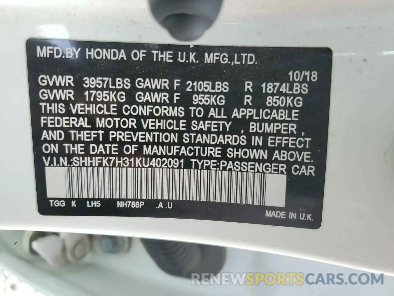 12 Photograph of a damaged car SHHFK7H31KU402091 HONDA CIVIC 2019
