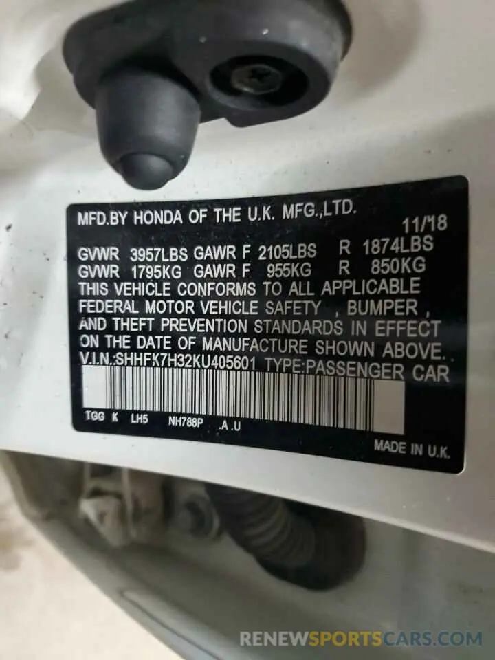 12 Photograph of a damaged car SHHFK7H32KU405601 HONDA CIVIC 2019