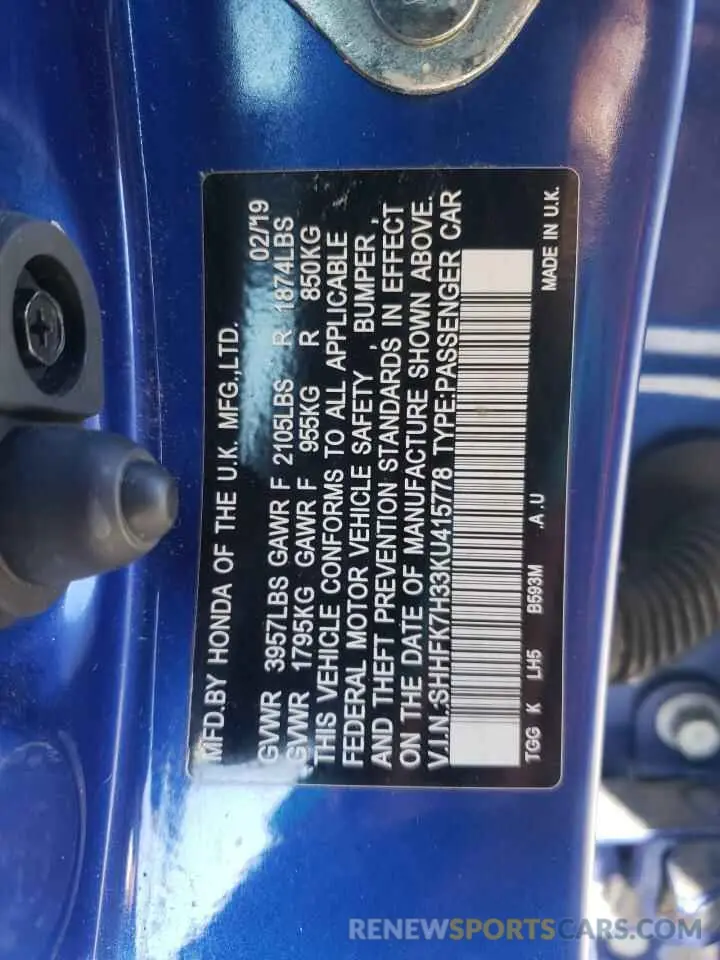 13 Photograph of a damaged car SHHFK7H33KU415778 HONDA CIVIC 2019