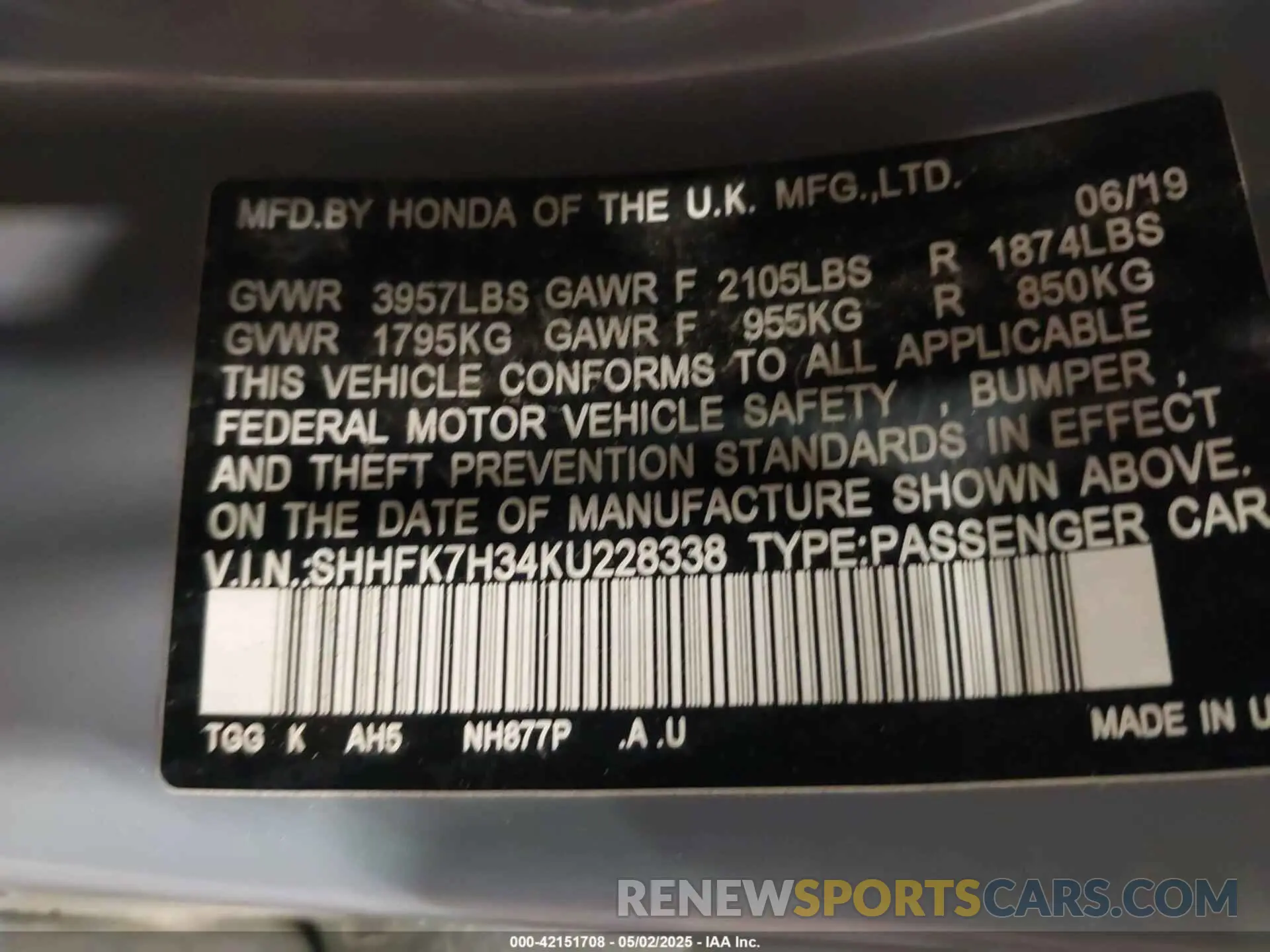9 Photograph of a damaged car SHHFK7H34KU228338 HONDA CIVIC 2019