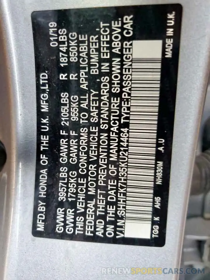 12 Photograph of a damaged car SHHFK7H35KU214464 HONDA CIVIC 2019