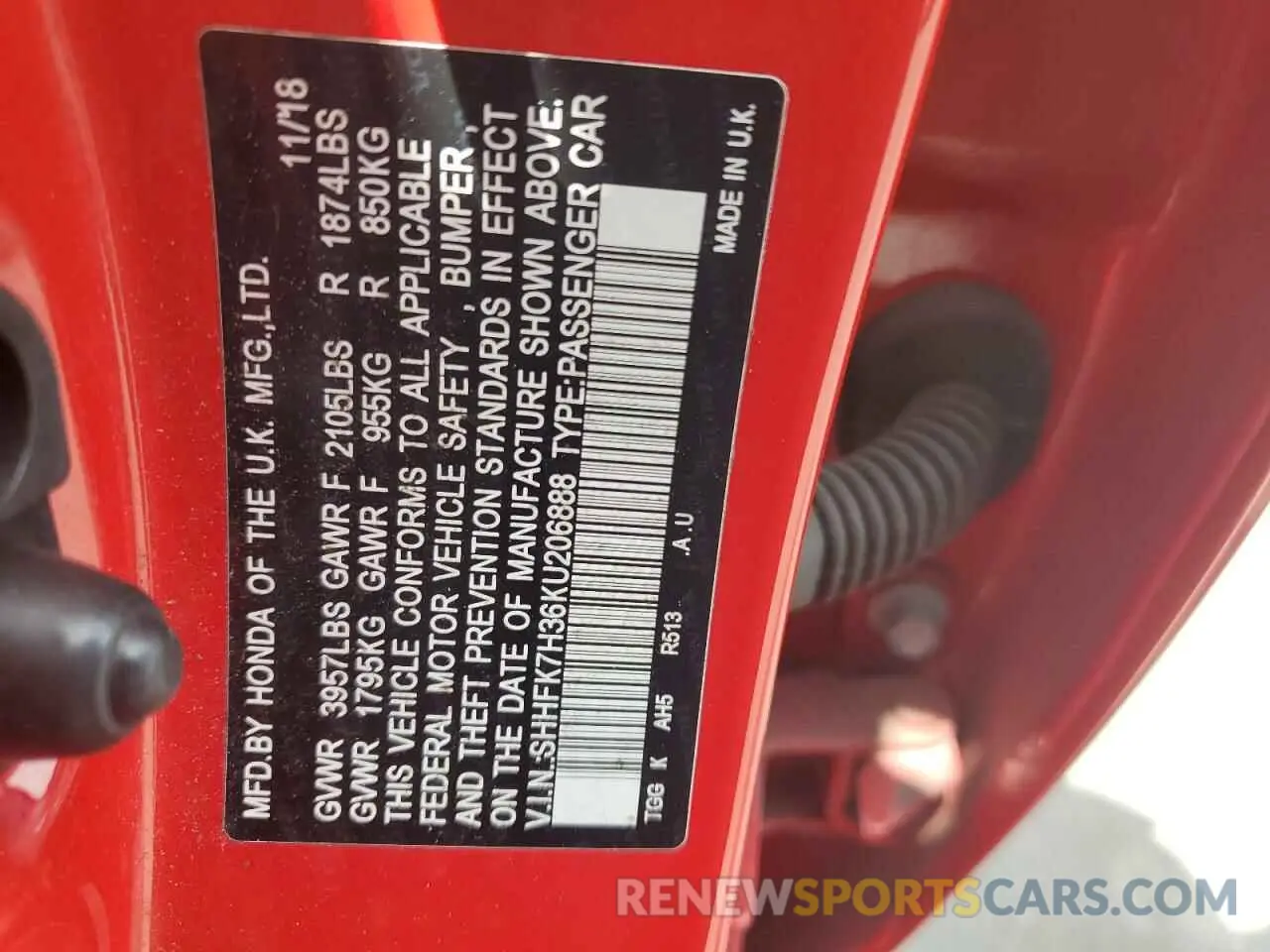 12 Photograph of a damaged car SHHFK7H36KU206888 HONDA CIVIC 2019