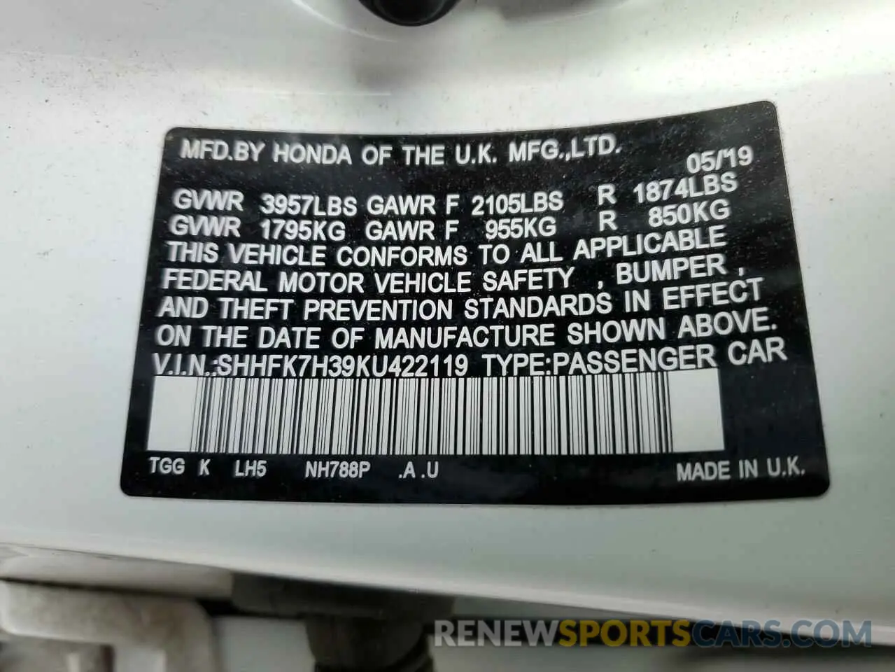12 Photograph of a damaged car SHHFK7H39KU422119 HONDA CIVIC 2019
