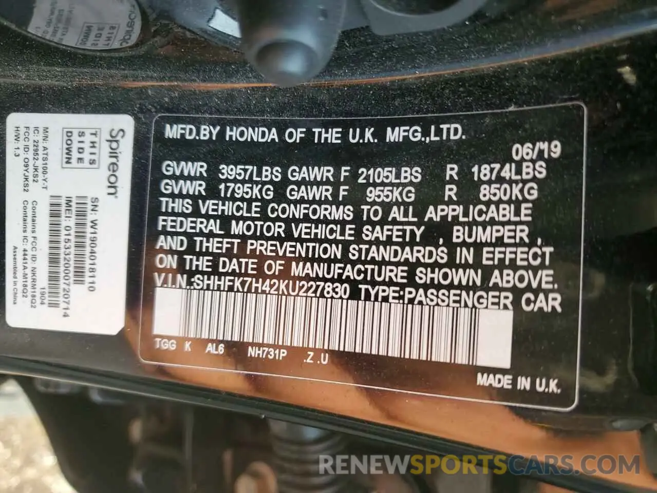 12 Photograph of a damaged car SHHFK7H42KU227830 HONDA CIVIC 2019