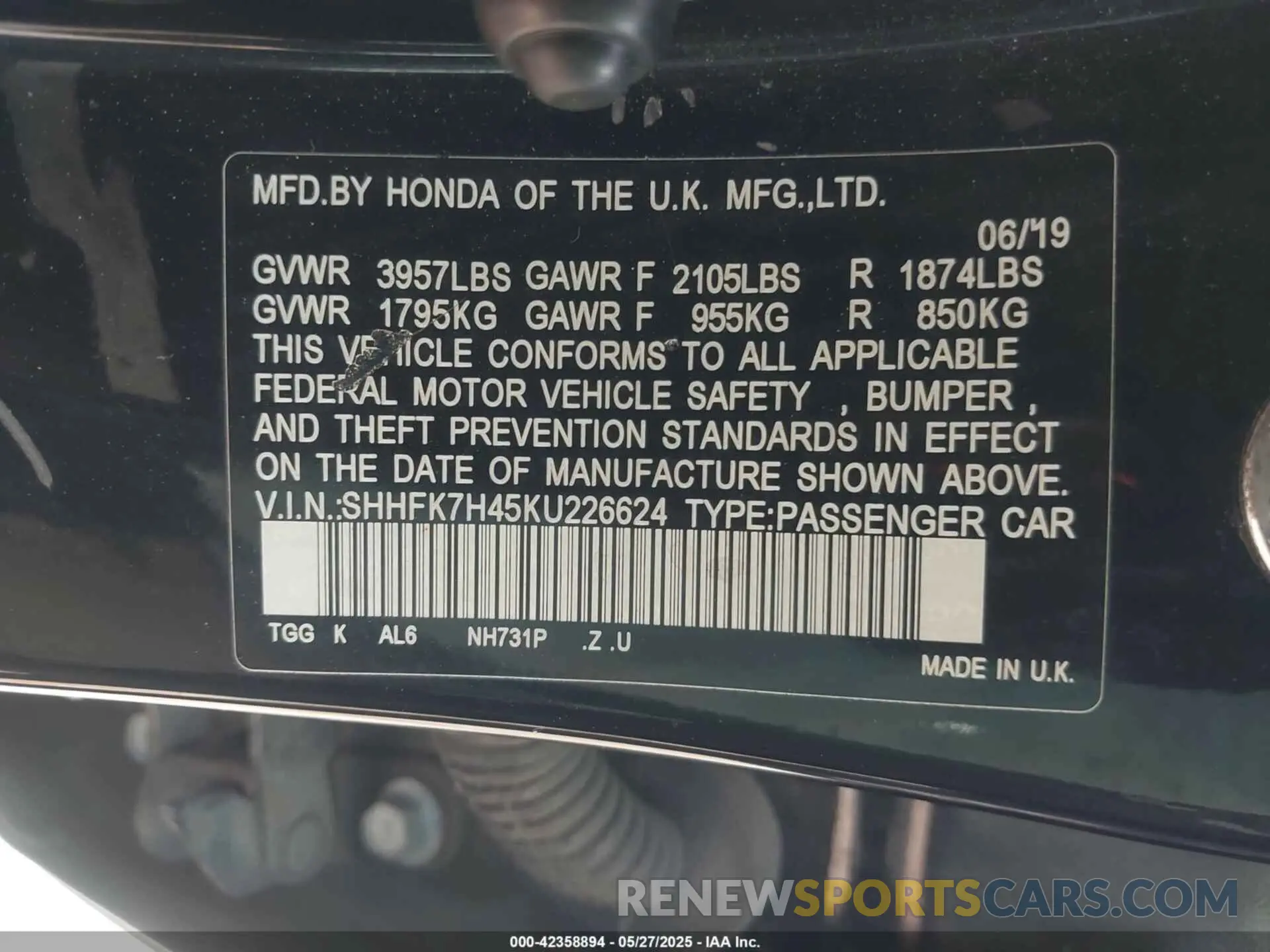 9 Photograph of a damaged car SHHFK7H45KU226624 HONDA CIVIC 2019