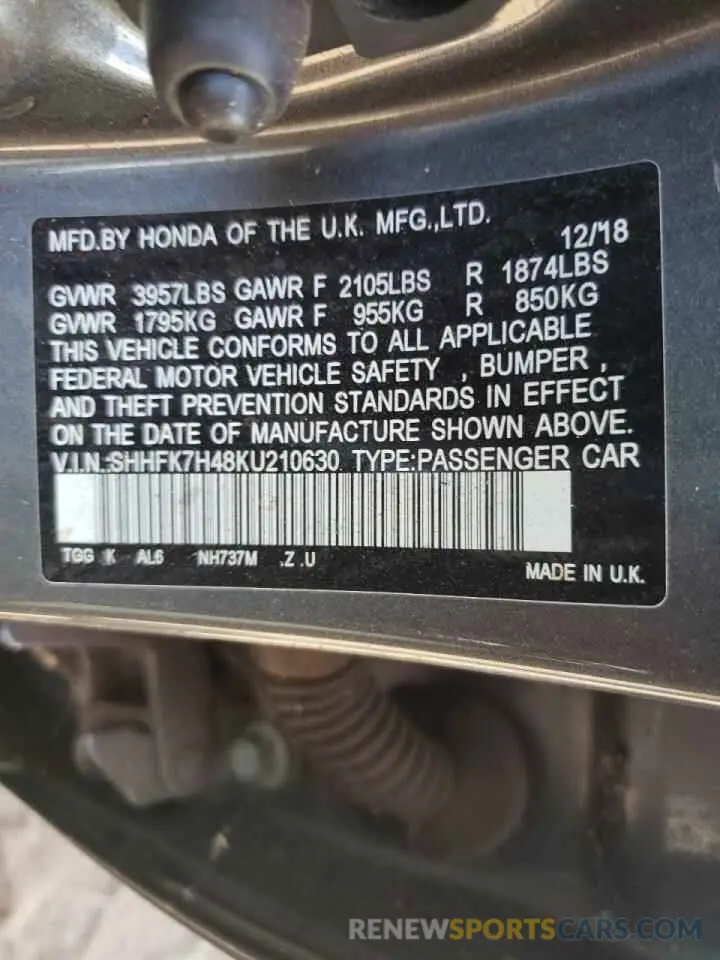 13 Photograph of a damaged car SHHFK7H48KU210630 HONDA CIVIC 2019