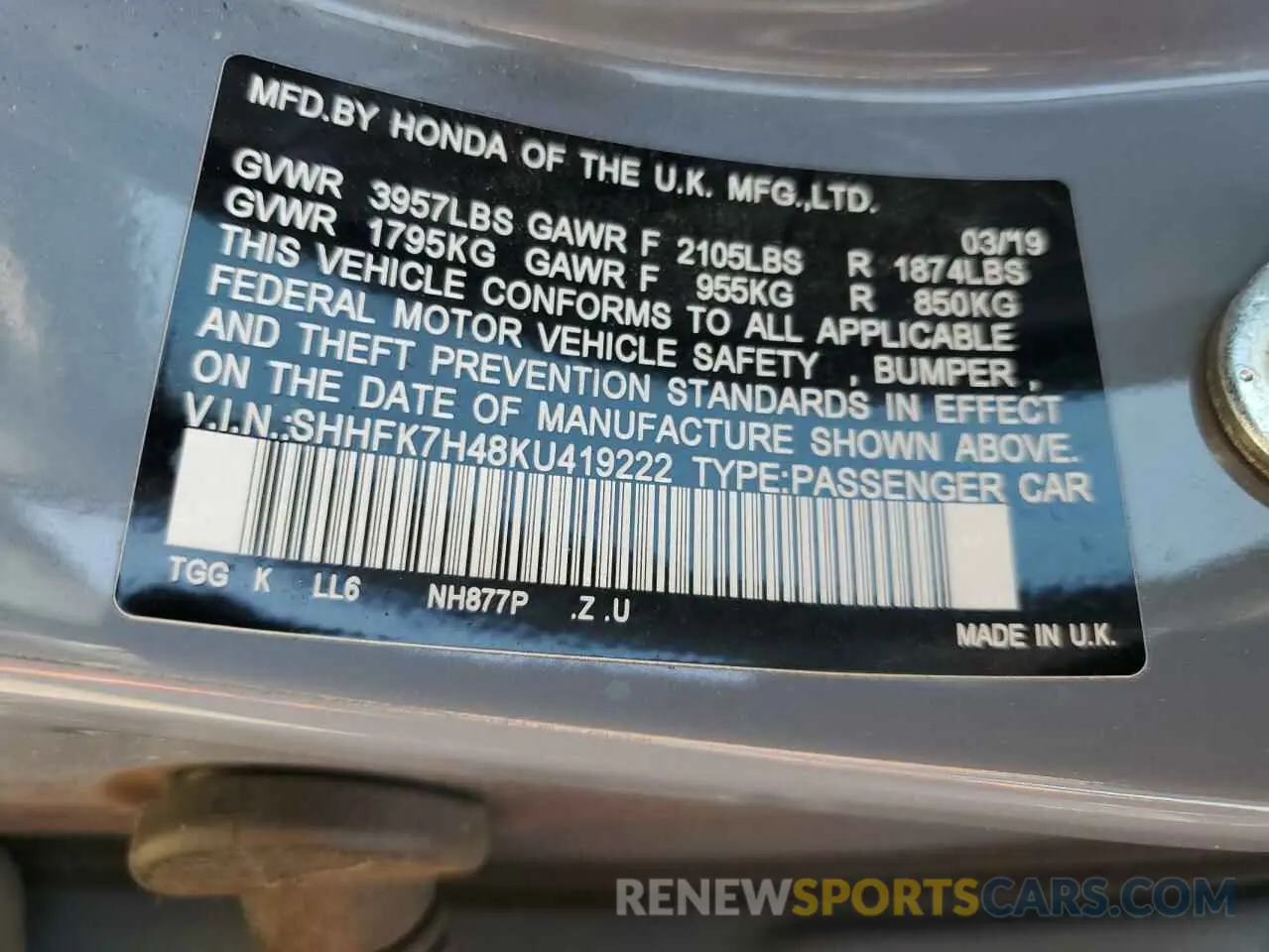 12 Photograph of a damaged car SHHFK7H48KU419222 HONDA CIVIC 2019