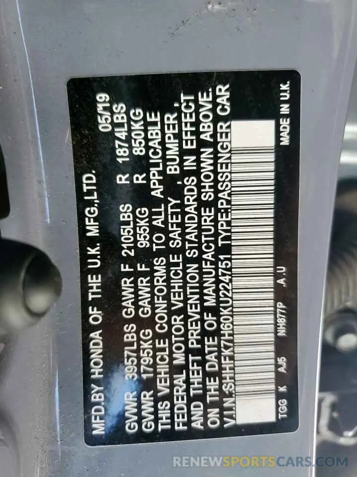 12 Photograph of a damaged car SHHFK7H60KU224751 HONDA CIVIC 2019