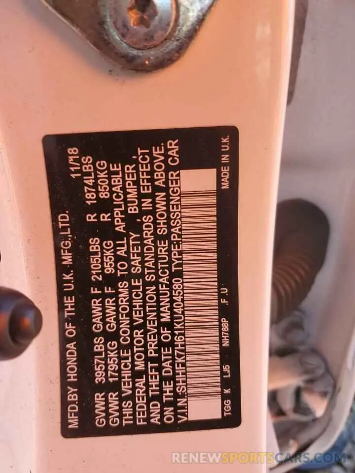 13 Photograph of a damaged car SHHFK7H61KU404580 HONDA CIVIC 2019