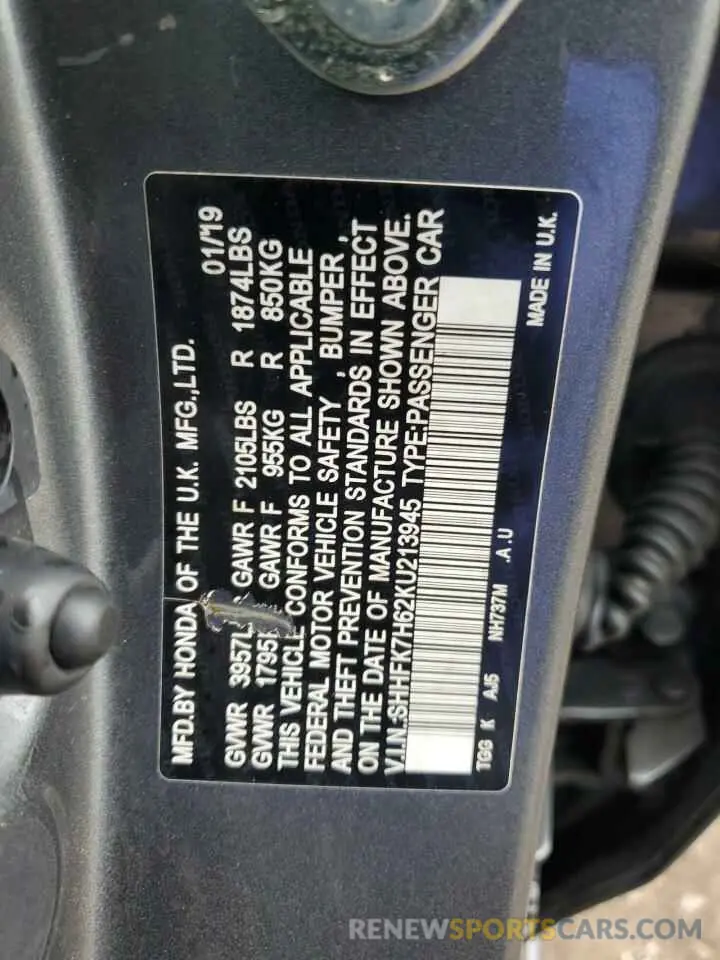 12 Photograph of a damaged car SHHFK7H62KU213945 HONDA CIVIC 2019