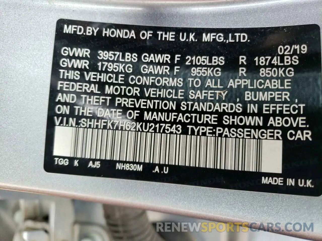 12 Photograph of a damaged car SHHFK7H62KU217543 HONDA CIVIC 2019