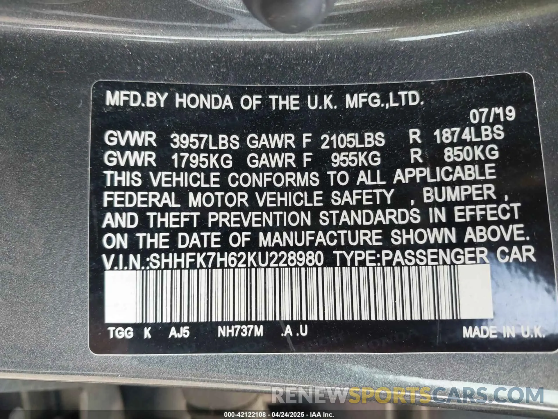 9 Photograph of a damaged car SHHFK7H62KU228980 HONDA CIVIC 2019