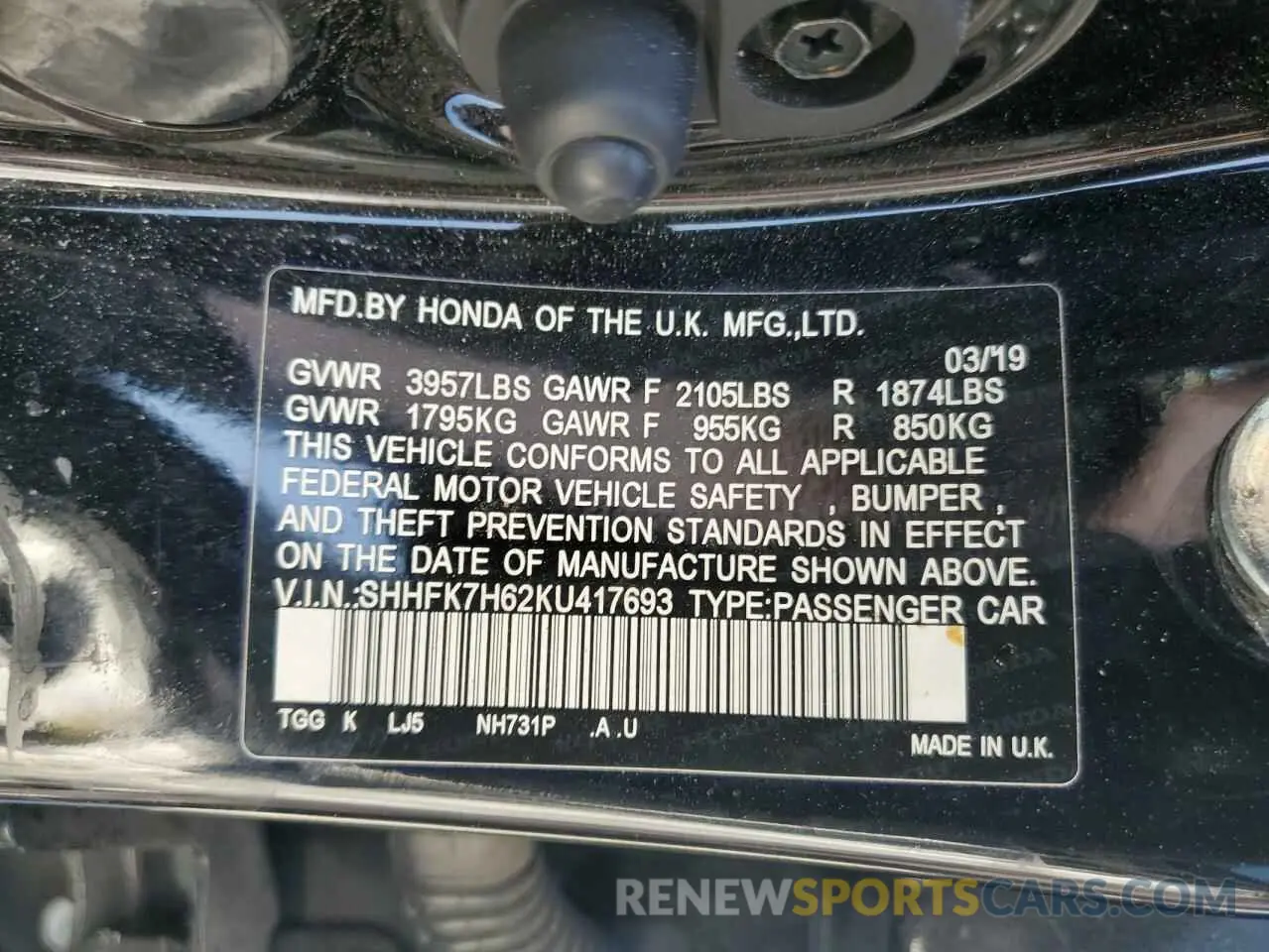 12 Photograph of a damaged car SHHFK7H62KU417693 HONDA CIVIC 2019