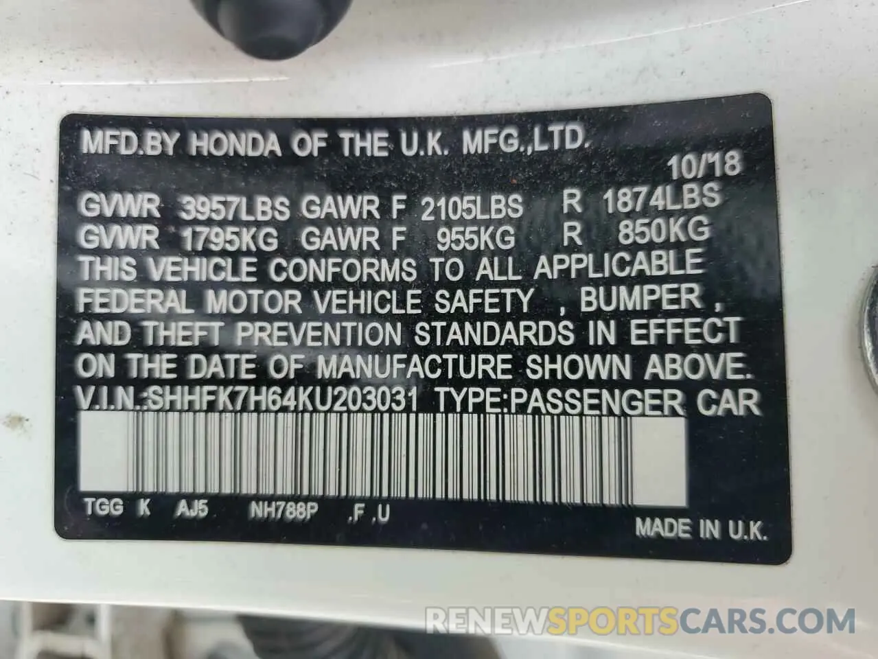 12 Photograph of a damaged car SHHFK7H64KU203031 HONDA CIVIC 2019