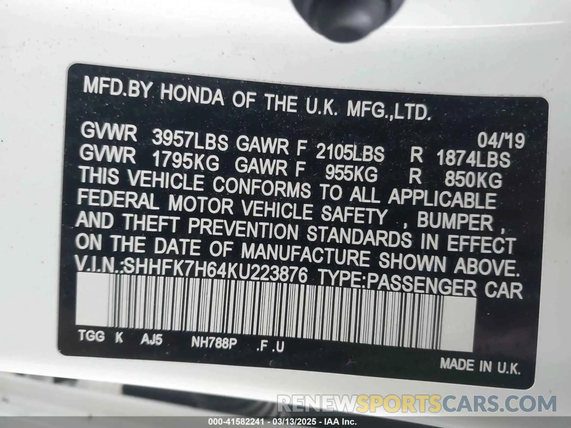 9 Photograph of a damaged car SHHFK7H64KU223876 HONDA CIVIC 2019