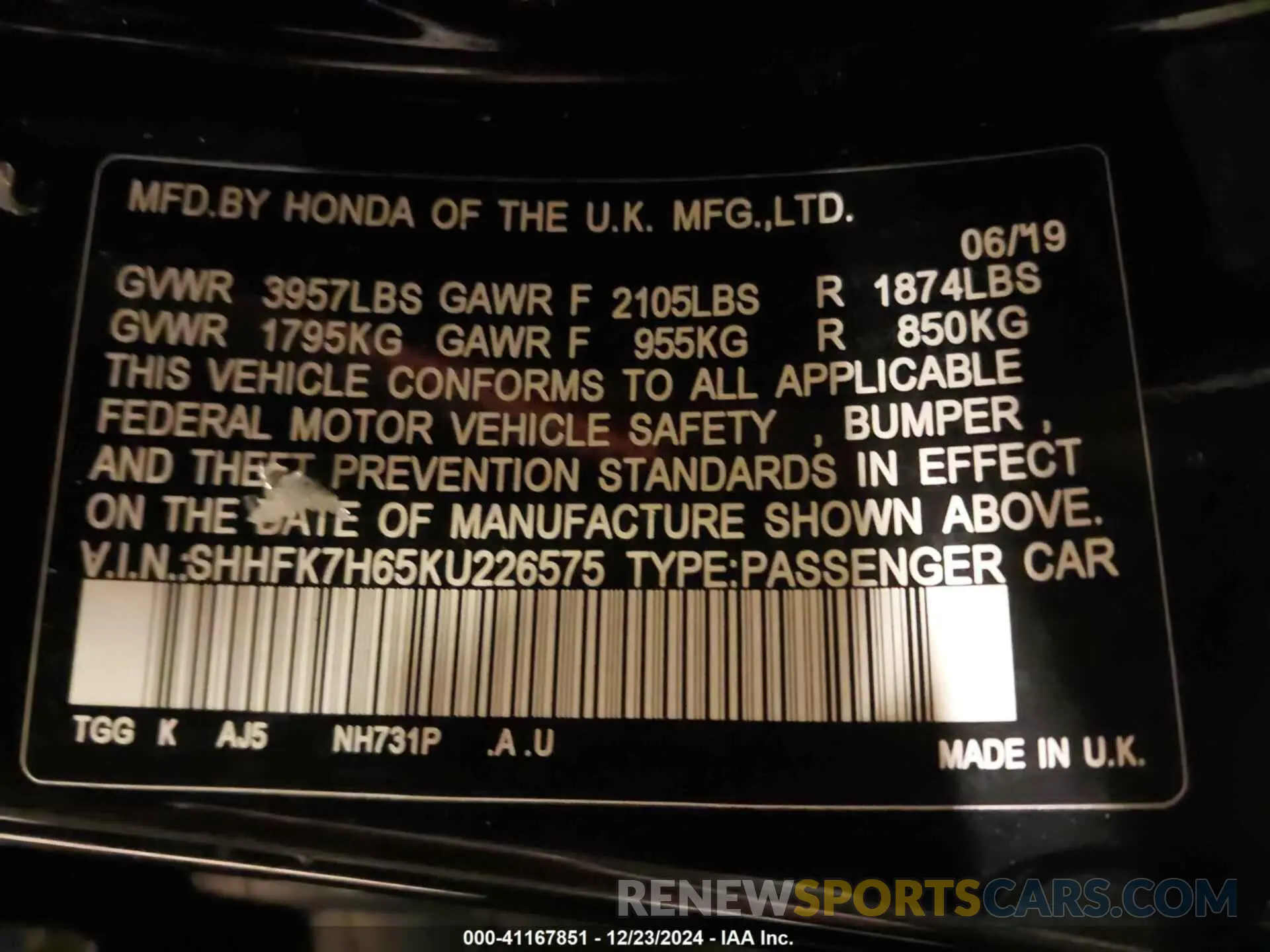 9 Photograph of a damaged car SHHFK7H65KU226575 HONDA CIVIC 2019