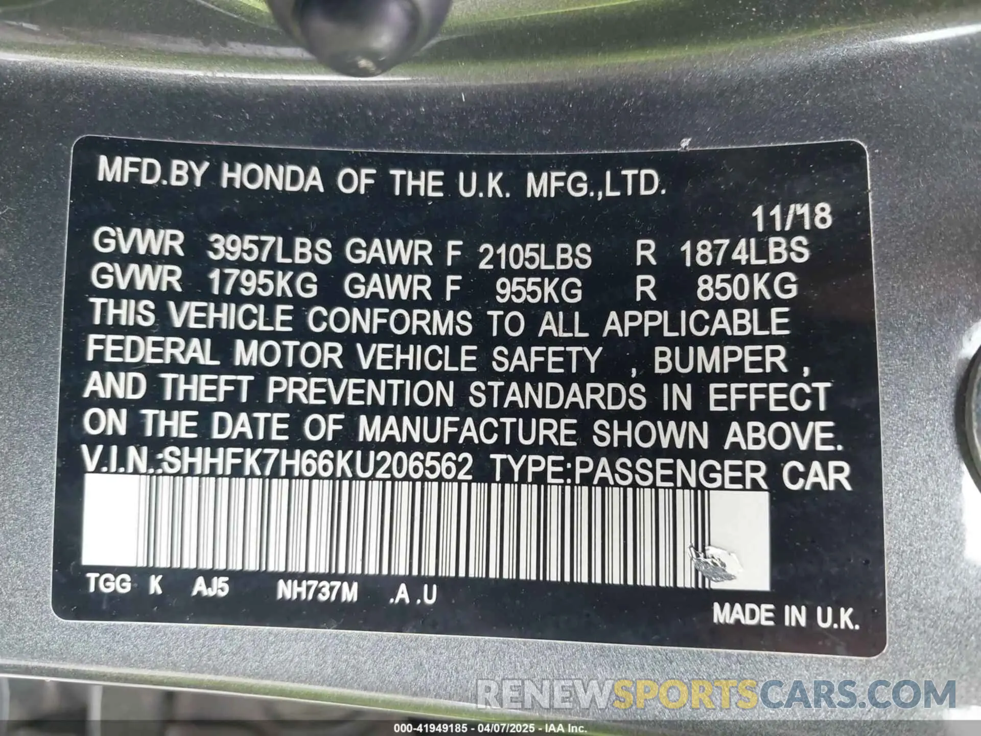 9 Photograph of a damaged car SHHFK7H66KU206562 HONDA CIVIC 2019