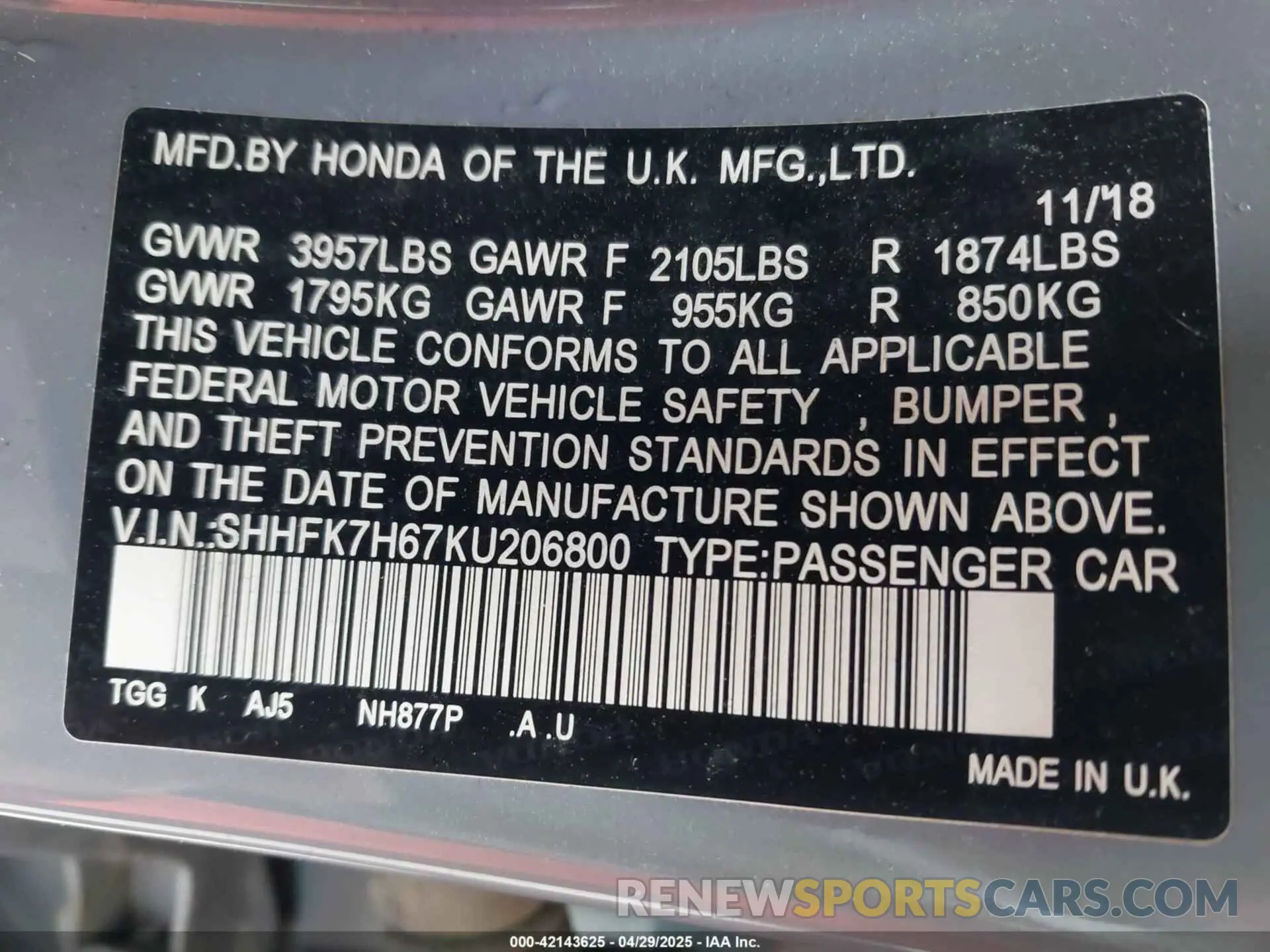 9 Photograph of a damaged car SHHFK7H67KU206800 HONDA CIVIC 2019