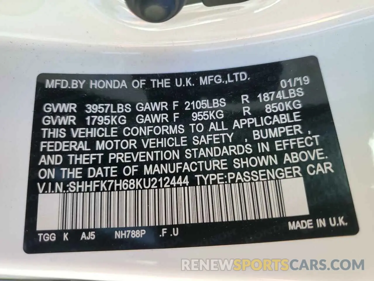12 Photograph of a damaged car SHHFK7H68KU212444 HONDA CIVIC 2019