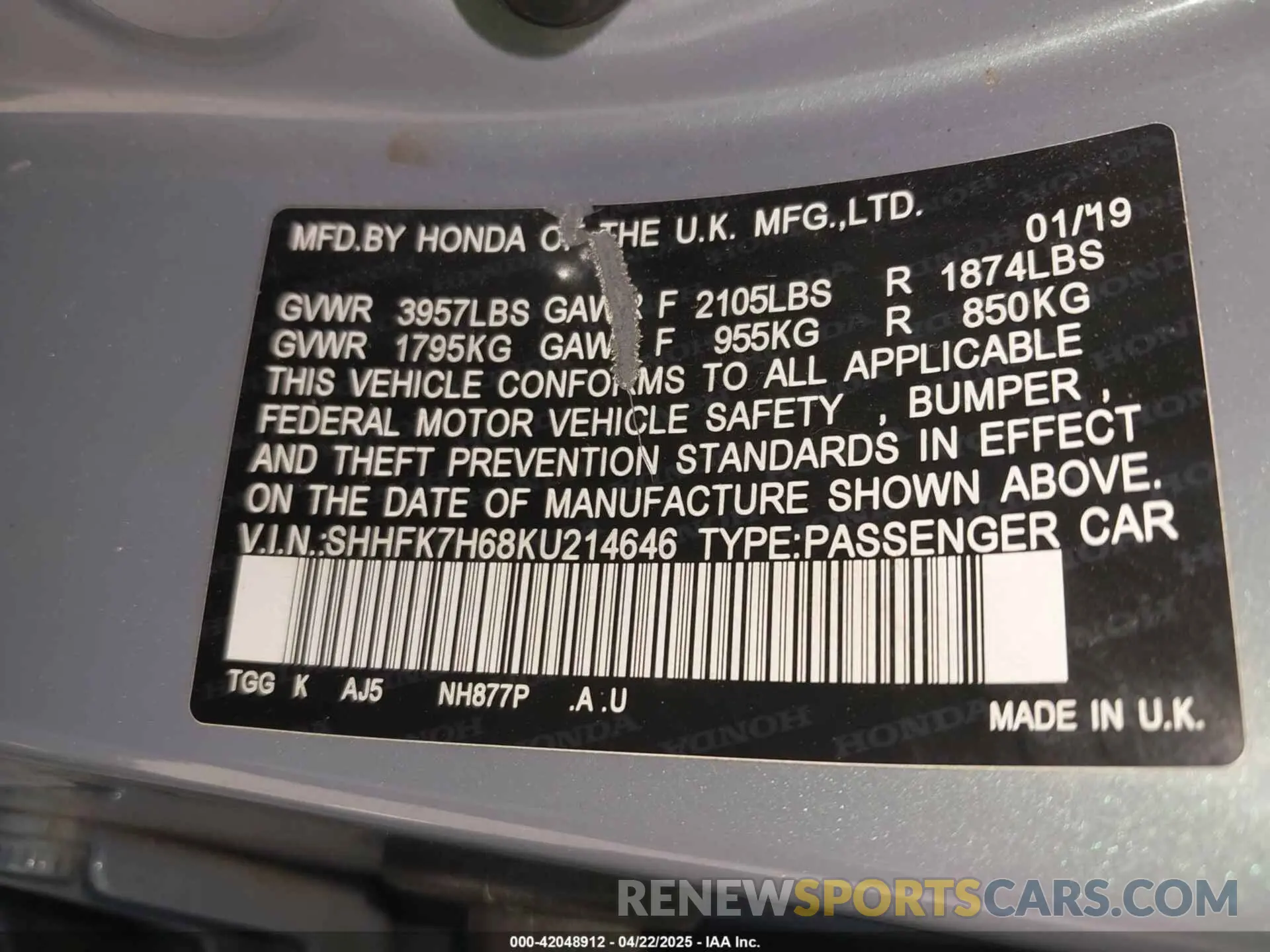 9 Photograph of a damaged car SHHFK7H68KU214646 HONDA CIVIC 2019