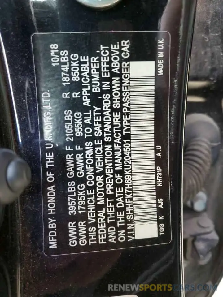 13 Photograph of a damaged car SHHFK7H69KU204501 HONDA CIVIC 2019