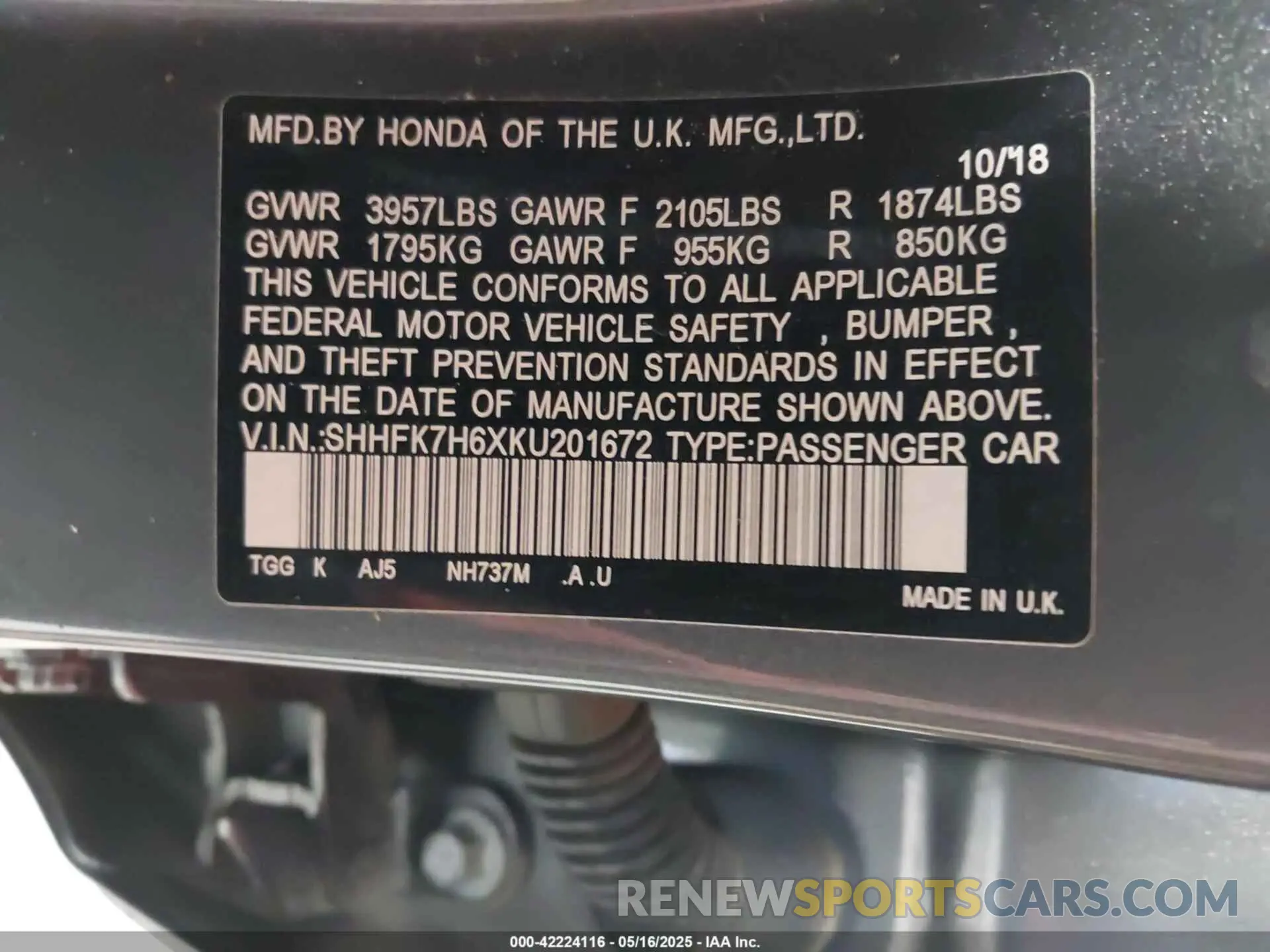 9 Photograph of a damaged car SHHFK7H6XKU201672 HONDA CIVIC 2019
