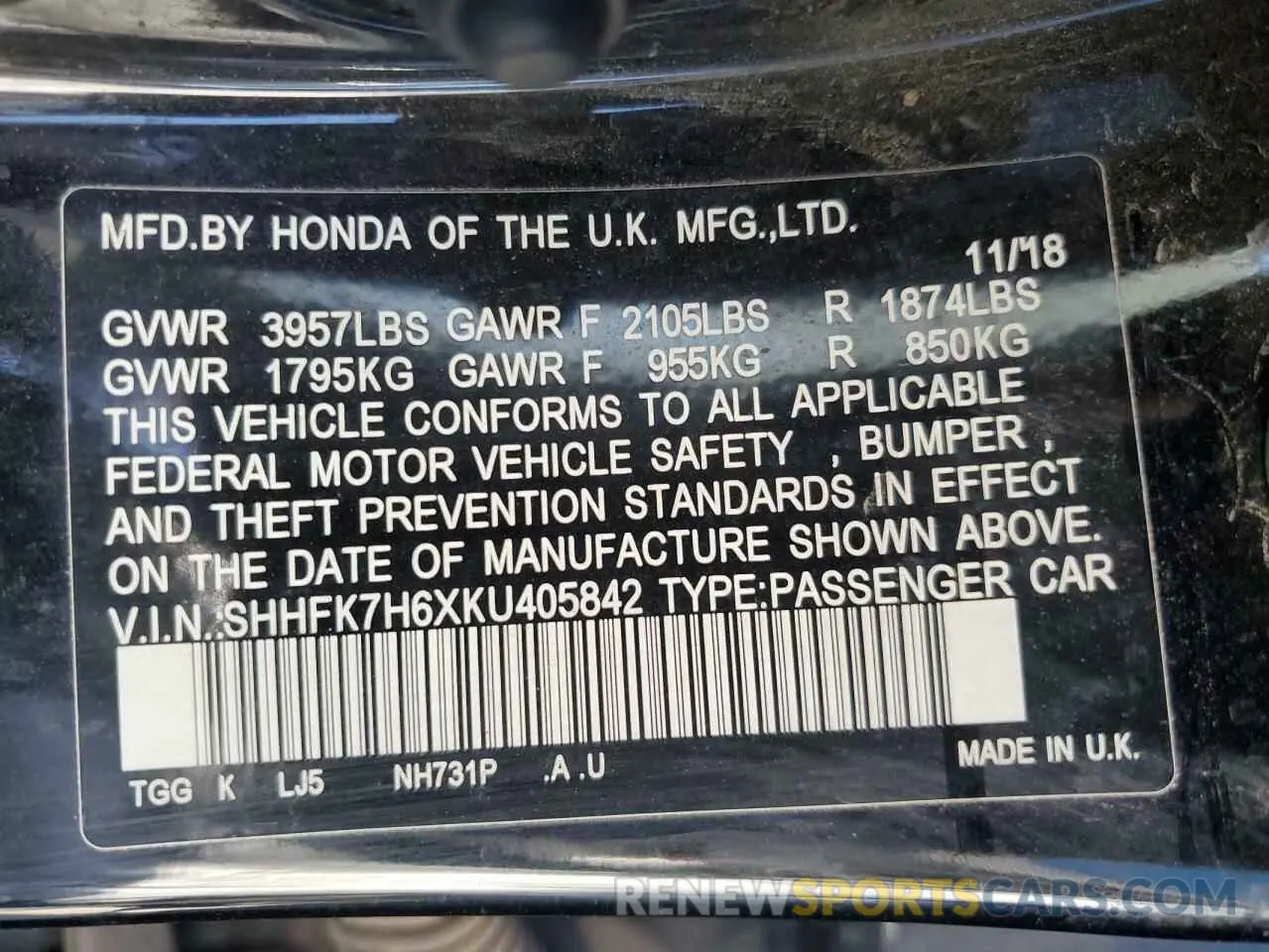 12 Photograph of a damaged car SHHFK7H6XKU405842 HONDA CIVIC 2019