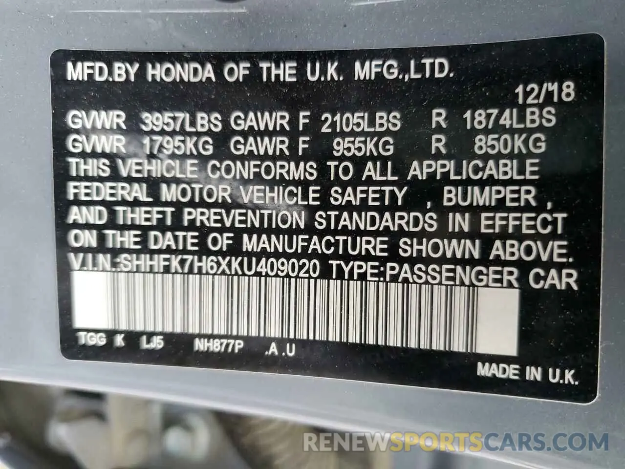 12 Photograph of a damaged car SHHFK7H6XKU409020 HONDA CIVIC 2019