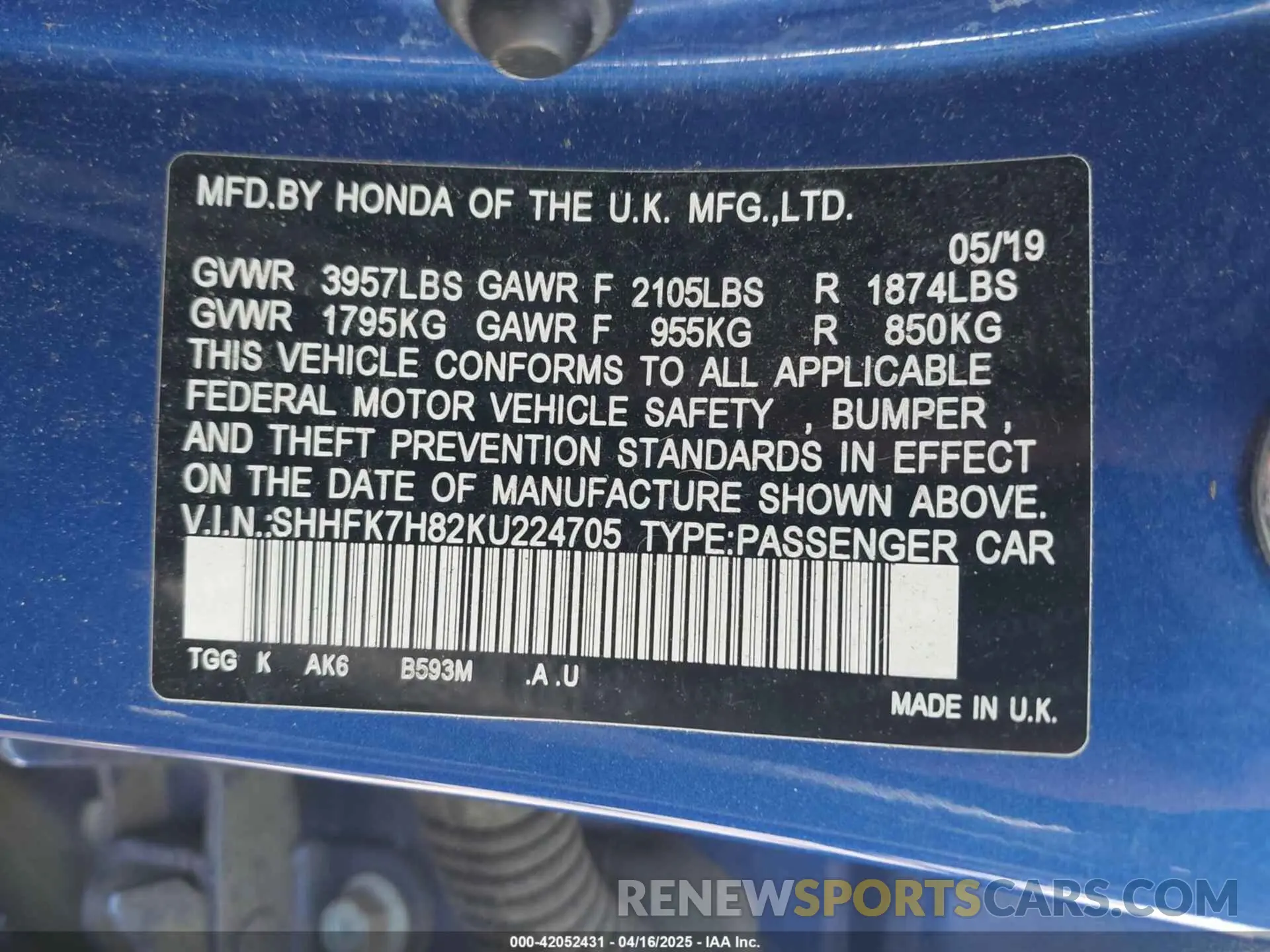 9 Photograph of a damaged car SHHFK7H82KU224705 HONDA CIVIC 2019