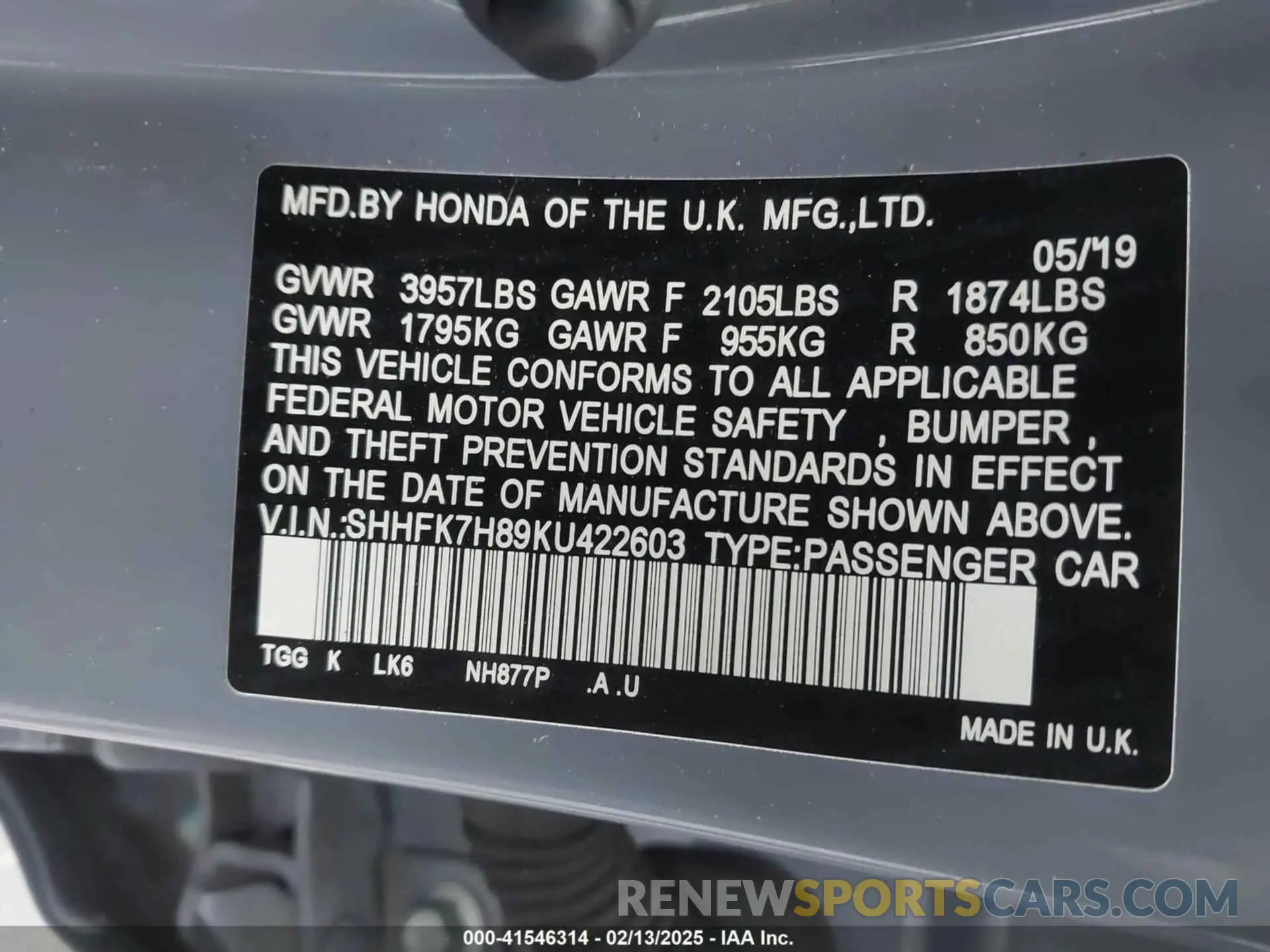 9 Photograph of a damaged car SHHFK7H89KU422603 HONDA CIVIC 2019