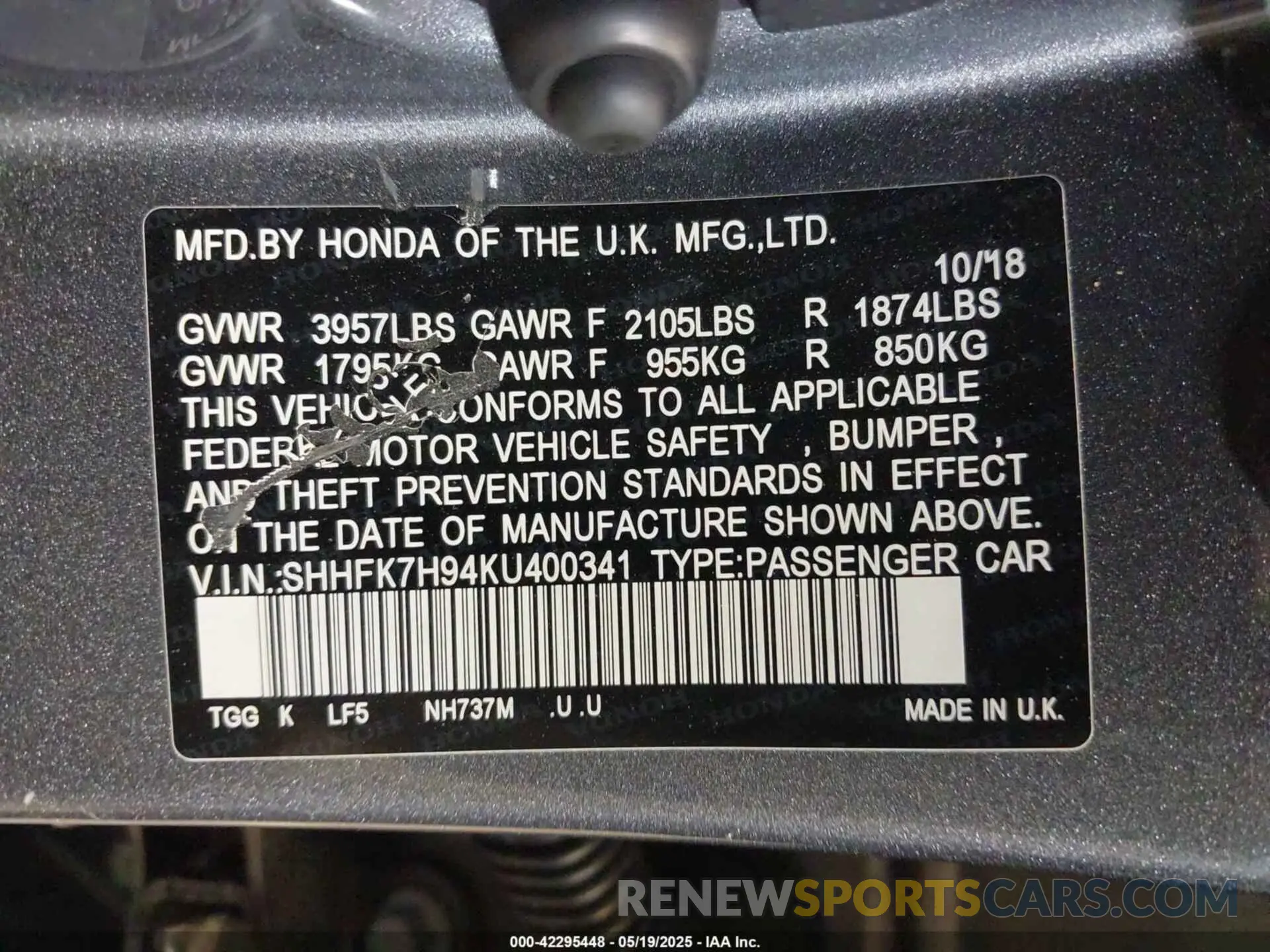 9 Photograph of a damaged car SHHFK7H94KU400341 HONDA CIVIC 2019