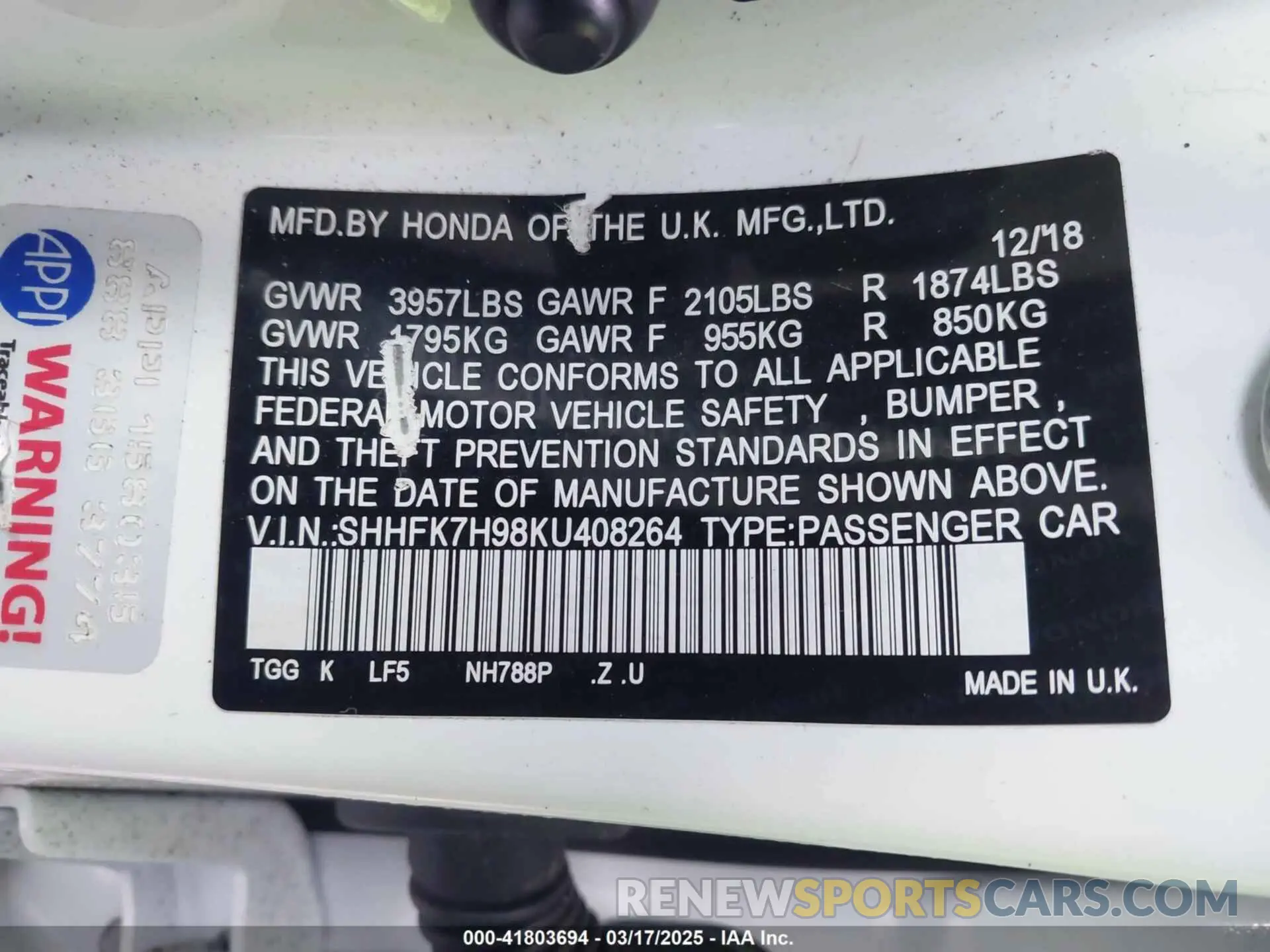 9 Photograph of a damaged car SHHFK7H98KU408264 HONDA CIVIC 2019