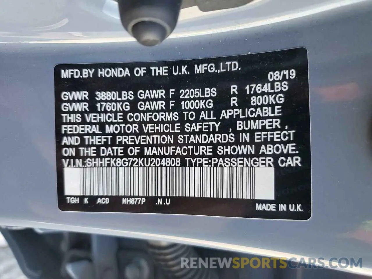 12 Photograph of a damaged car SHHFK8G72KU204808 HONDA CIVIC 2019