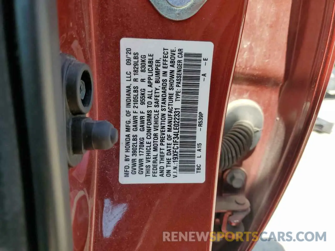 13 Photograph of a damaged car 19XFC1F34LE022331 HONDA CIVIC 2020