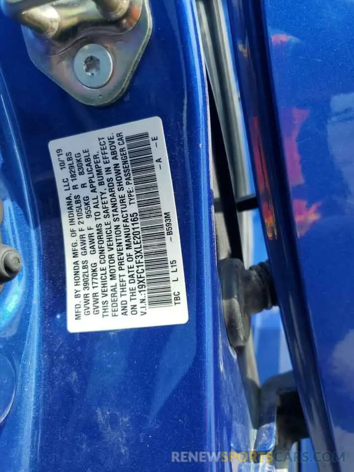 13 Photograph of a damaged car 19XFC1F3XLE201165 HONDA CIVIC 2020