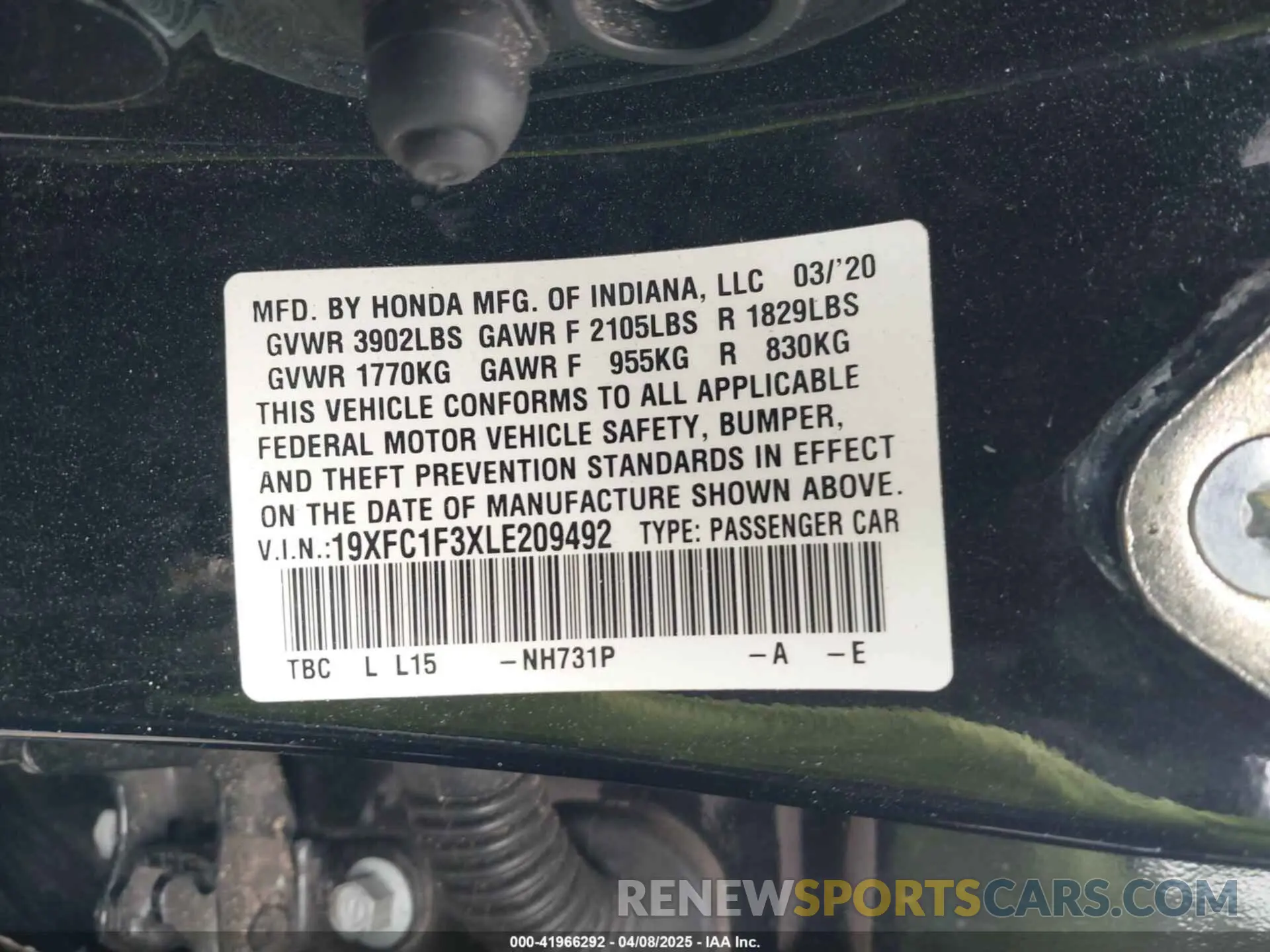 9 Photograph of a damaged car 19XFC1F3XLE209492 HONDA CIVIC 2020