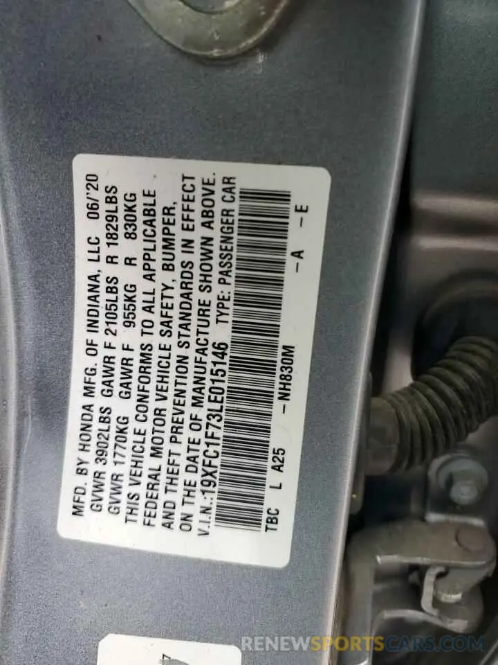 12 Photograph of a damaged car 19XFC1F73LE015146 HONDA CIVIC 2020