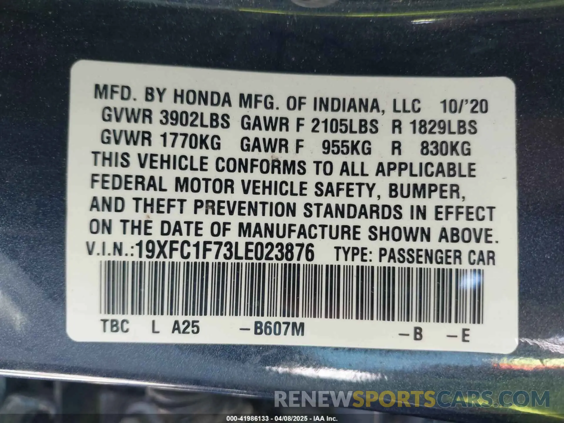 9 Photograph of a damaged car 19XFC1F73LE023876 HONDA CIVIC 2020