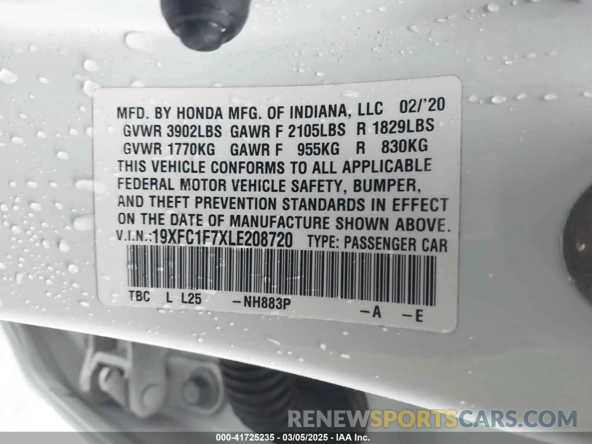9 Photograph of a damaged car 19XFC1F7XLE208720 HONDA CIVIC 2020